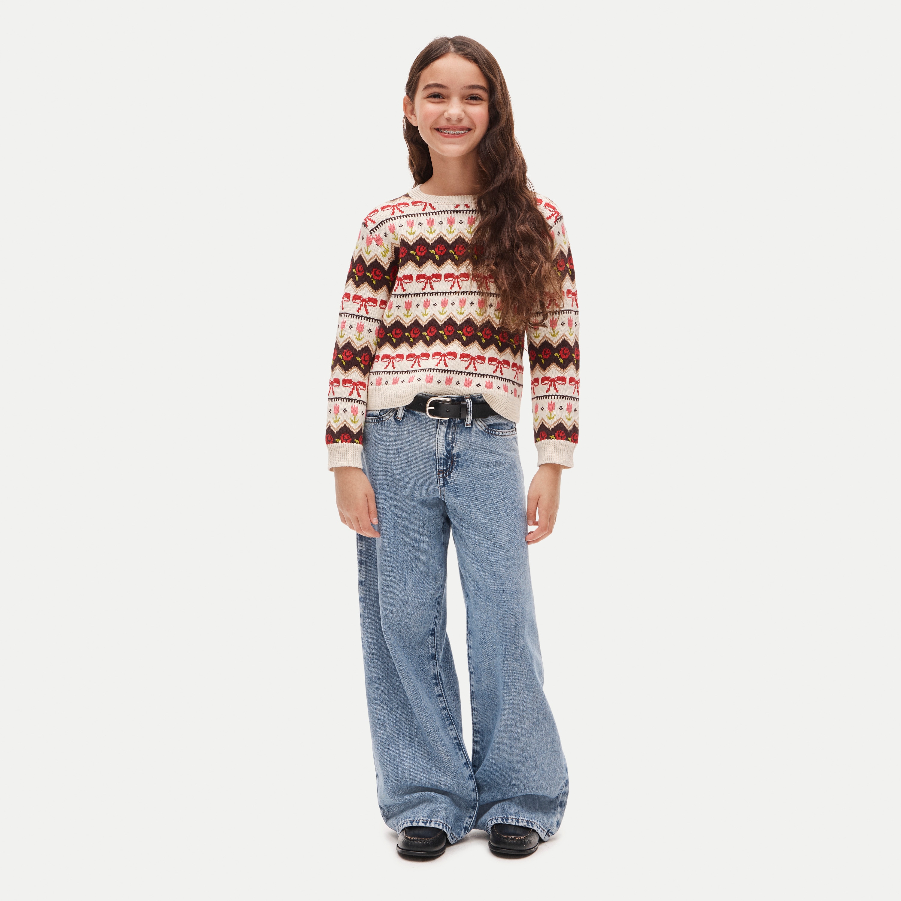 Girls' rose Fair Isle sweater in cotton