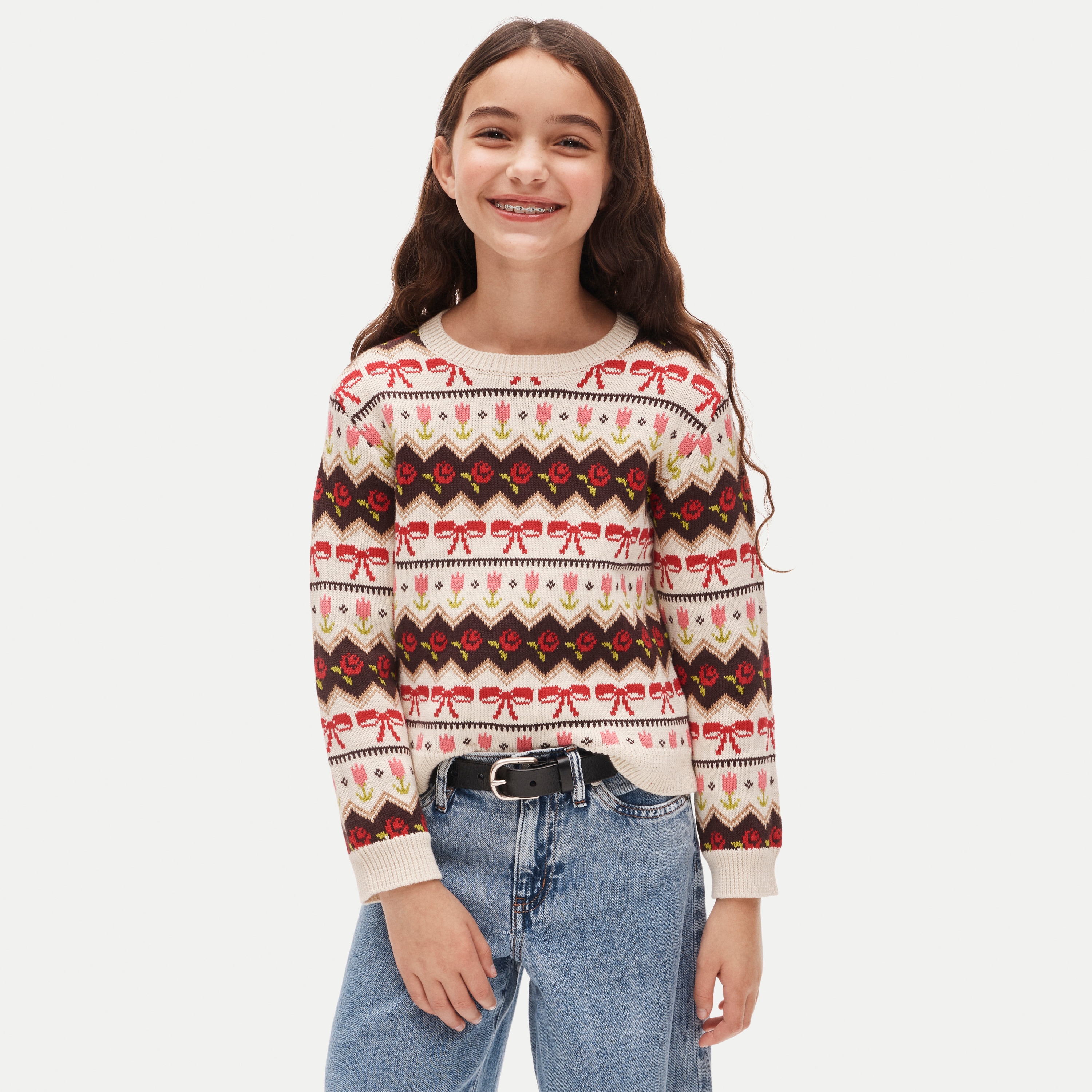 Girls' rose Fair Isle sweater in cotton