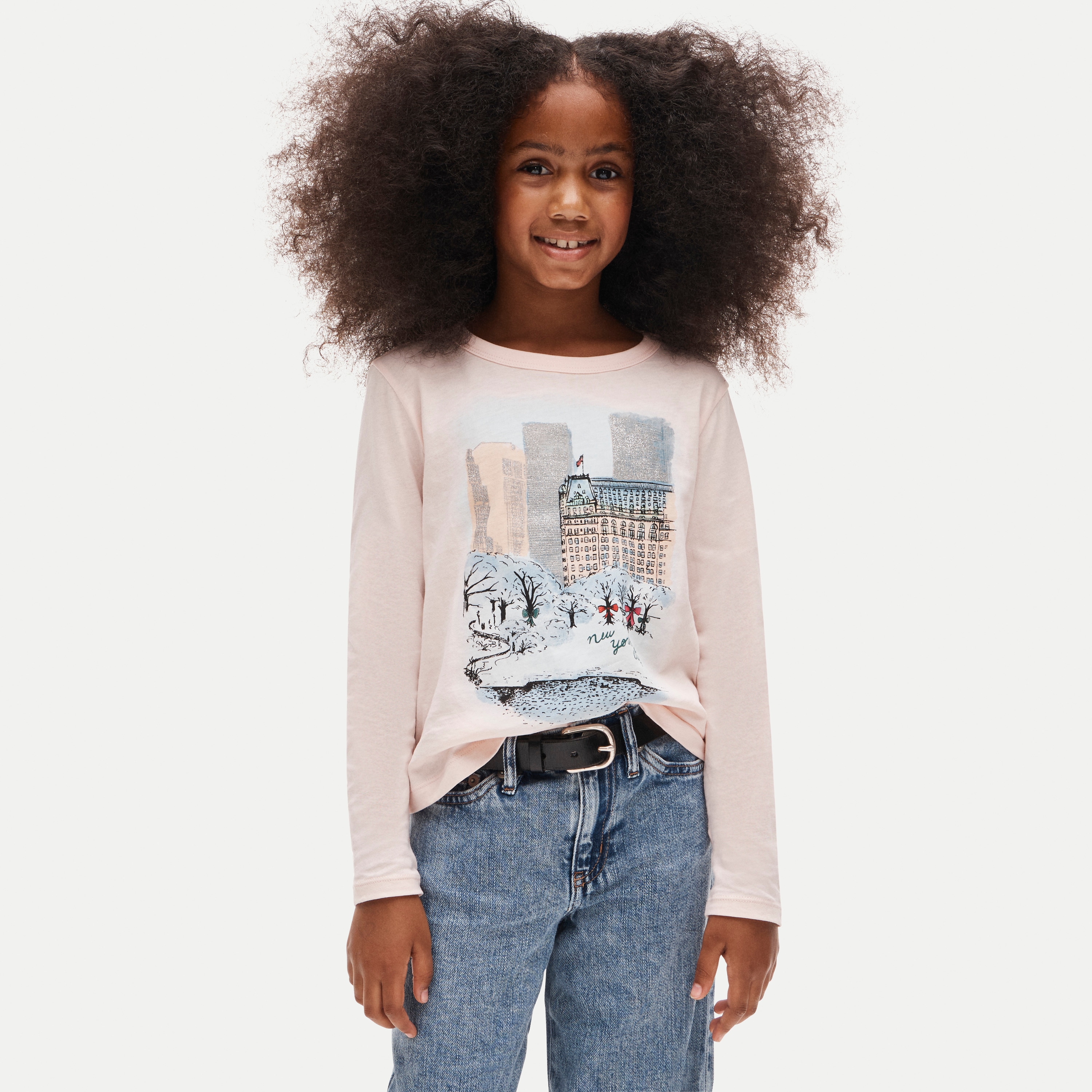Girls' long-sleeve Central Park graphic T-shirt with glitter