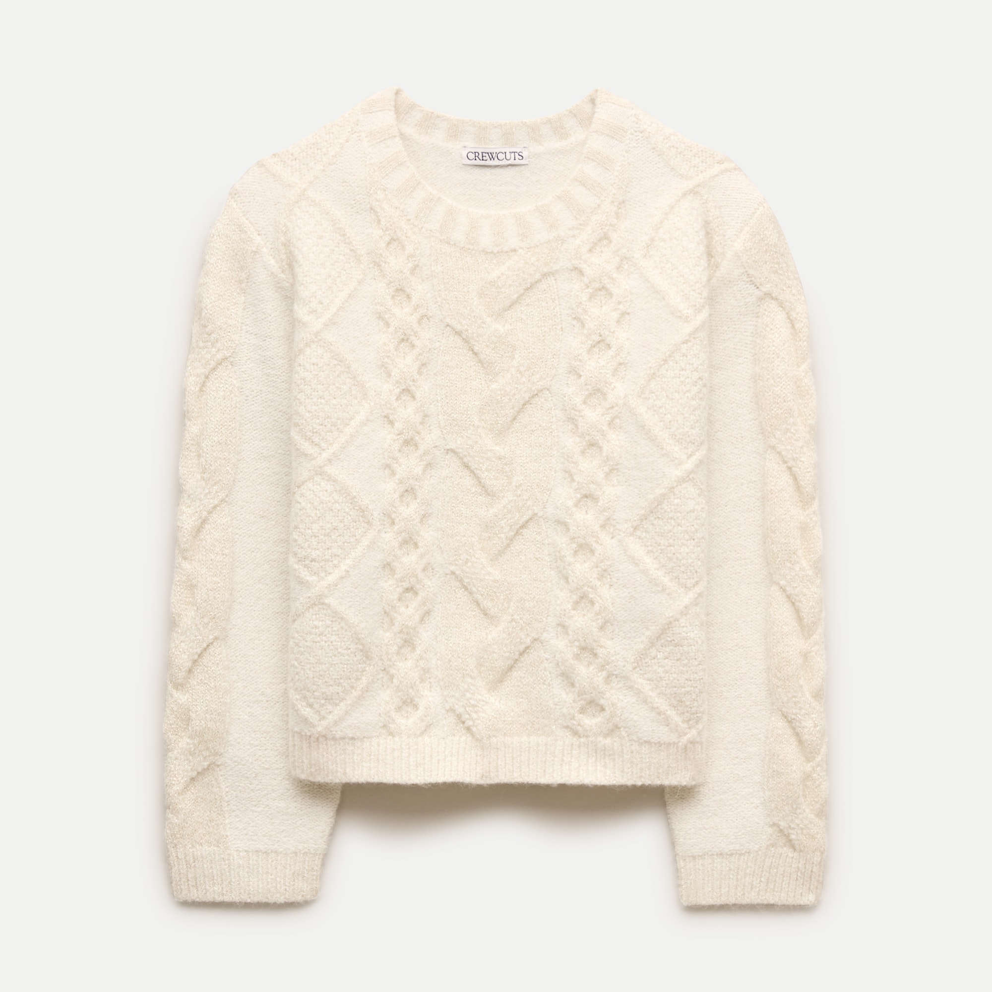 Girls' cable-knit crewneck sweater in metallic Supersoft yarn