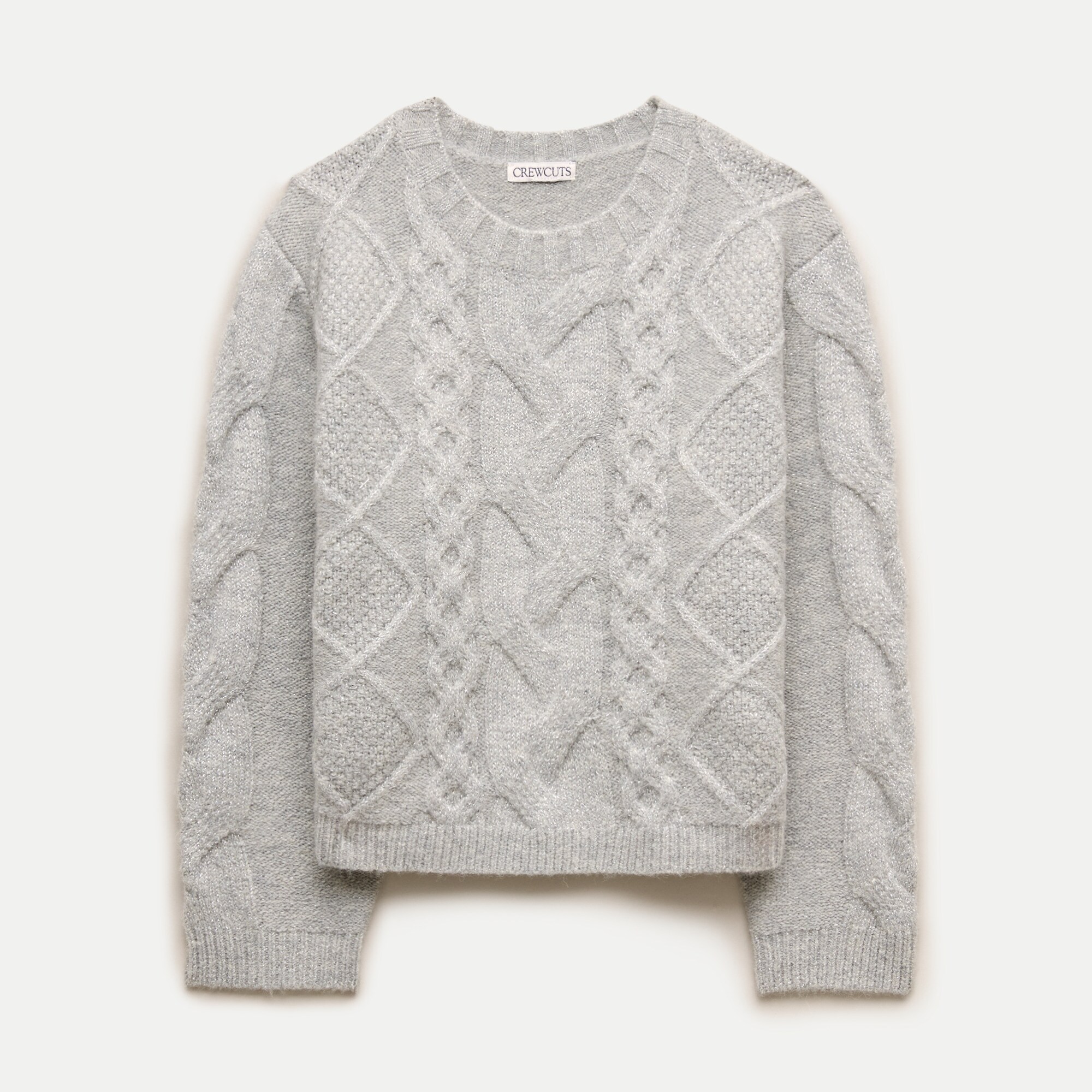 Girls' cable-knit crewneck sweater in metallic Supersoft yarn