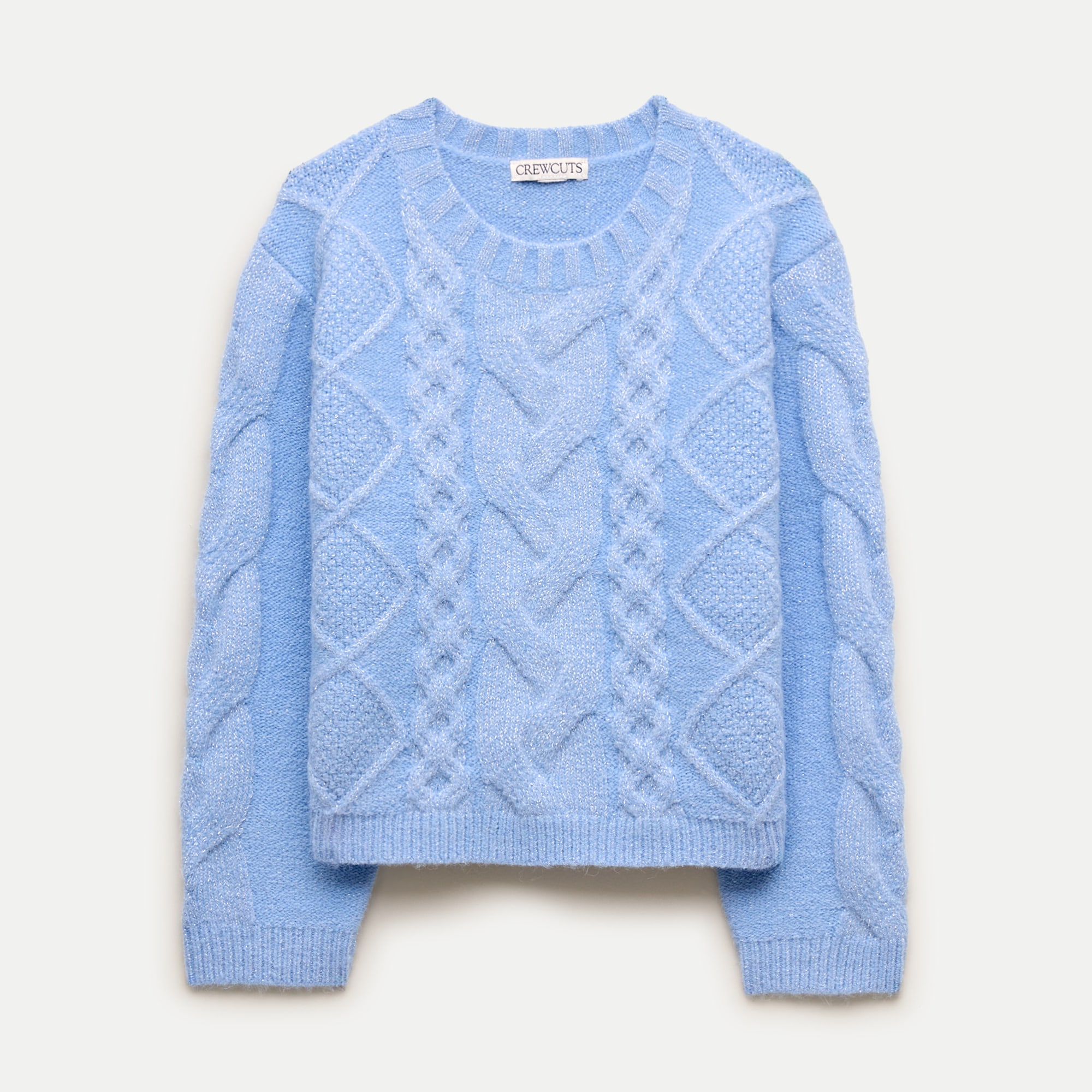 Girls' cable-knit crewneck sweater in metallic Supersoft yarn