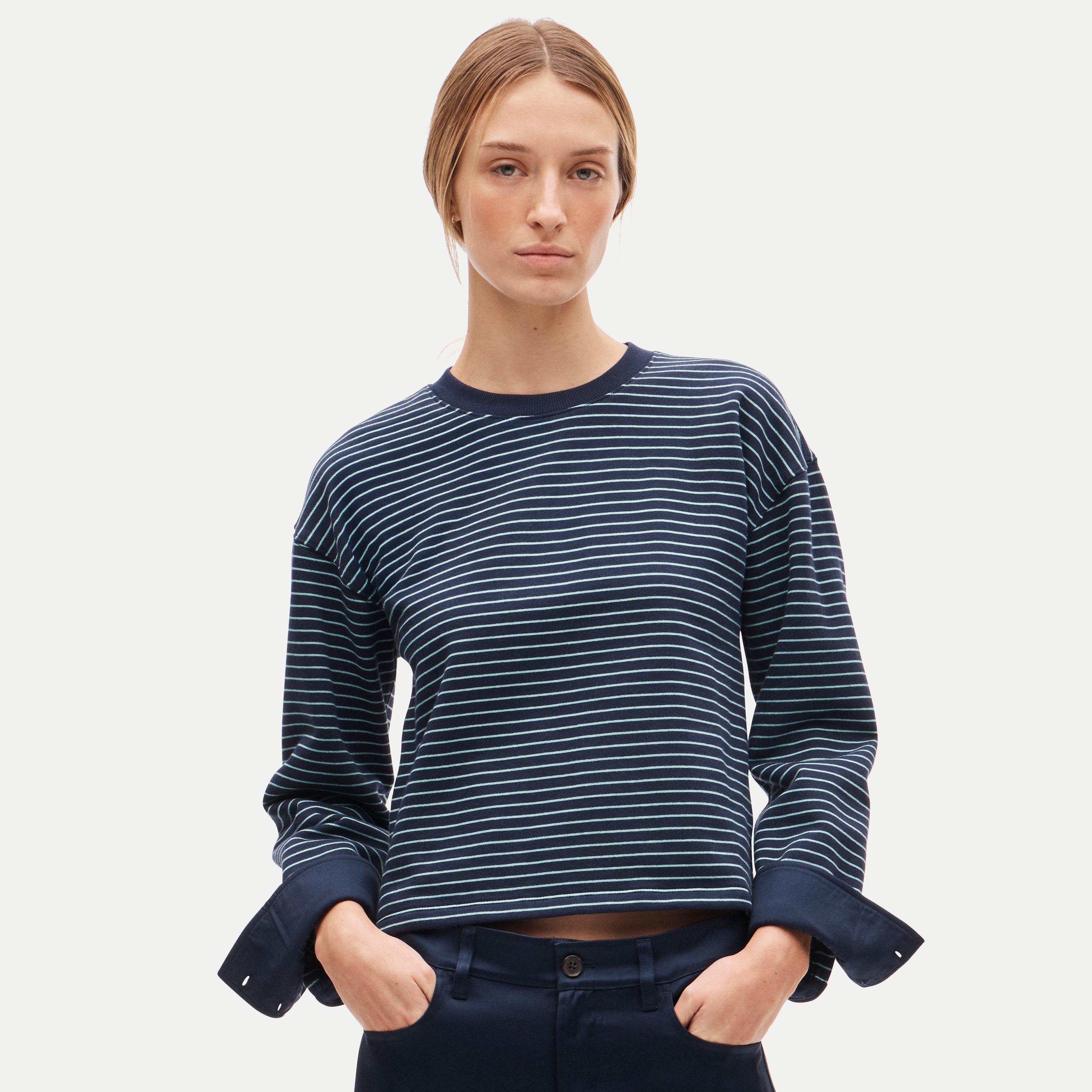 Vintage fleece crewneck sweatshirt in stripe with contrast cuffs