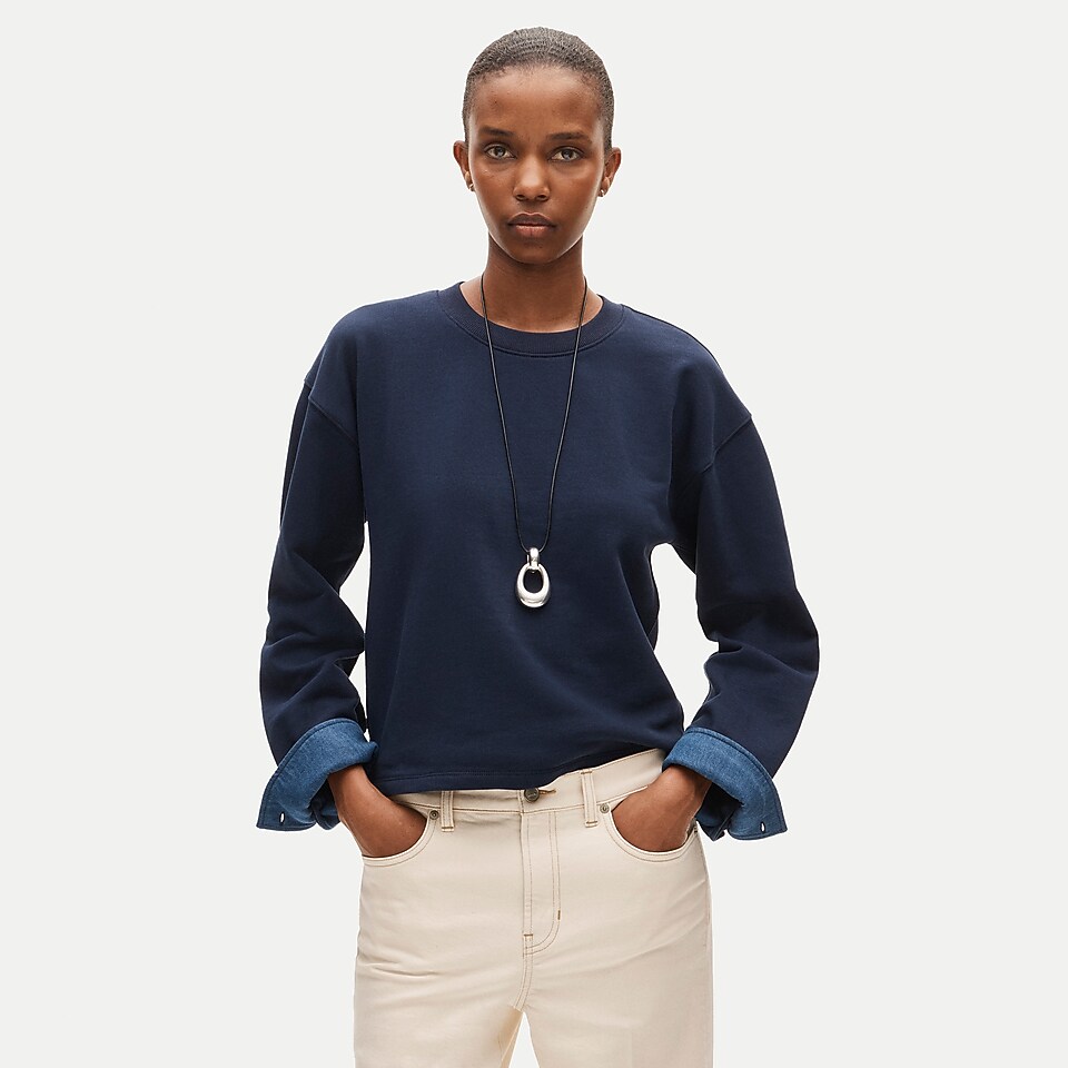 Vintage fleece crewneck sweatshirt with denim cuffs by J.Crew