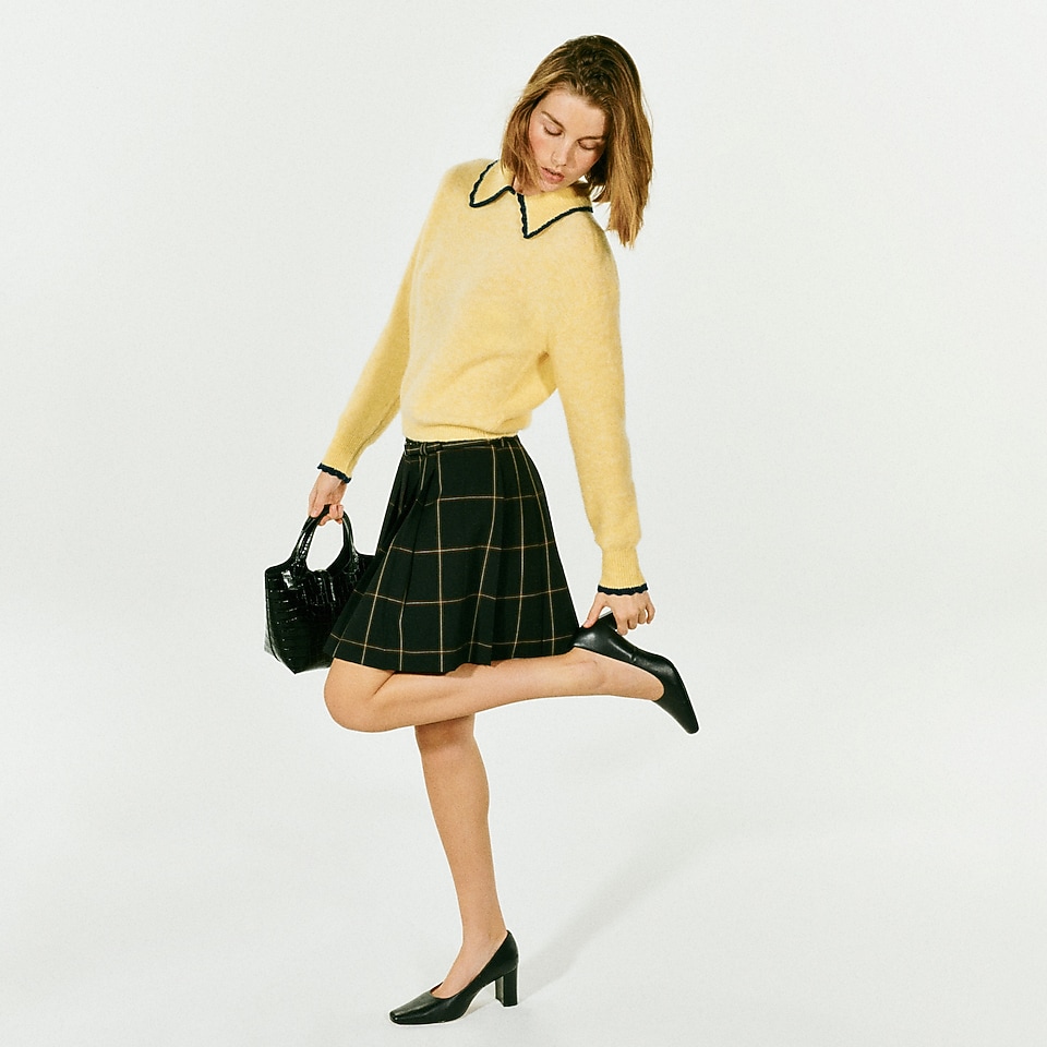 Pleated prep skirt in windowpane Gramercy suiting by J.Crew