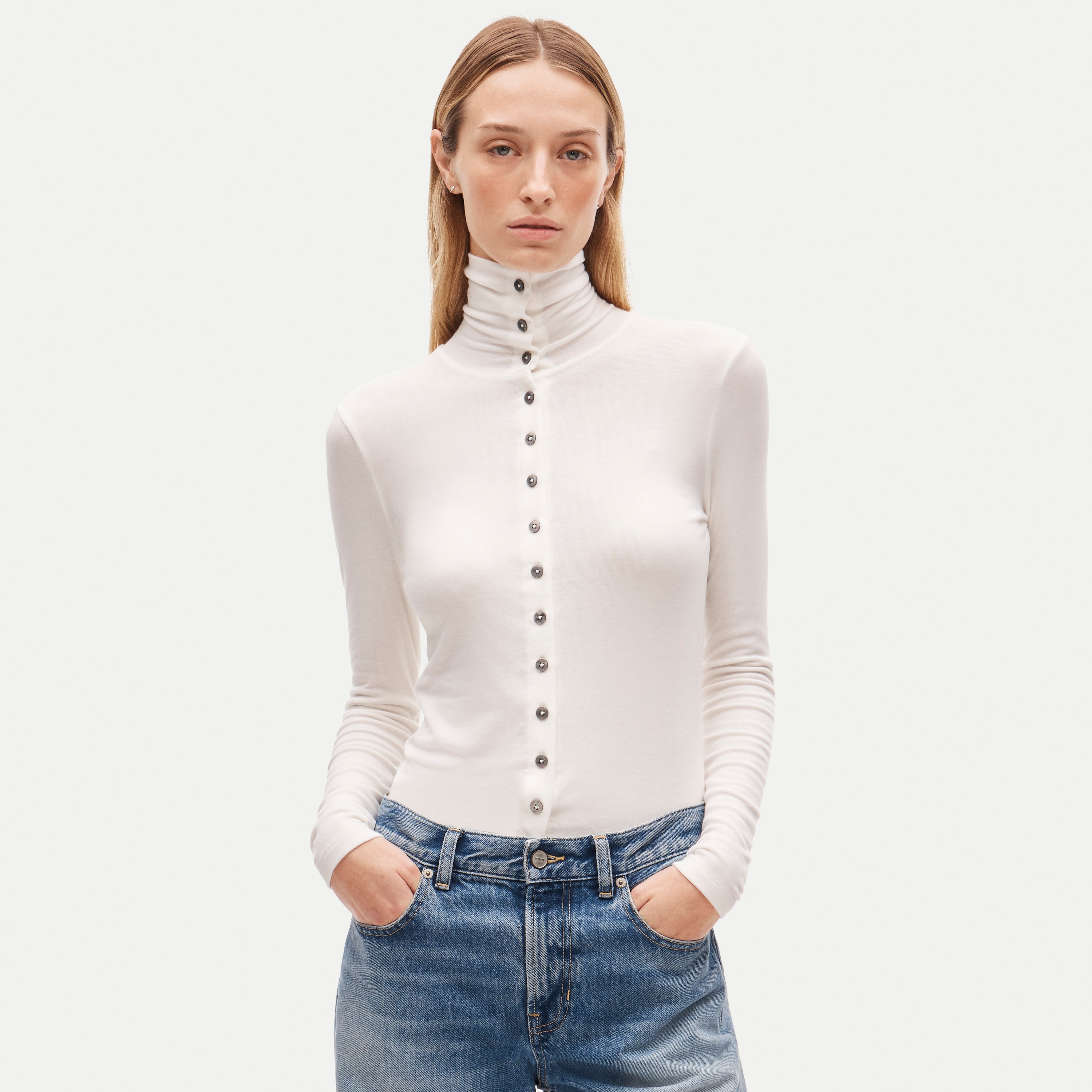 Mockneck cardigan shirt in stretch TENCEL™ lyocell blend