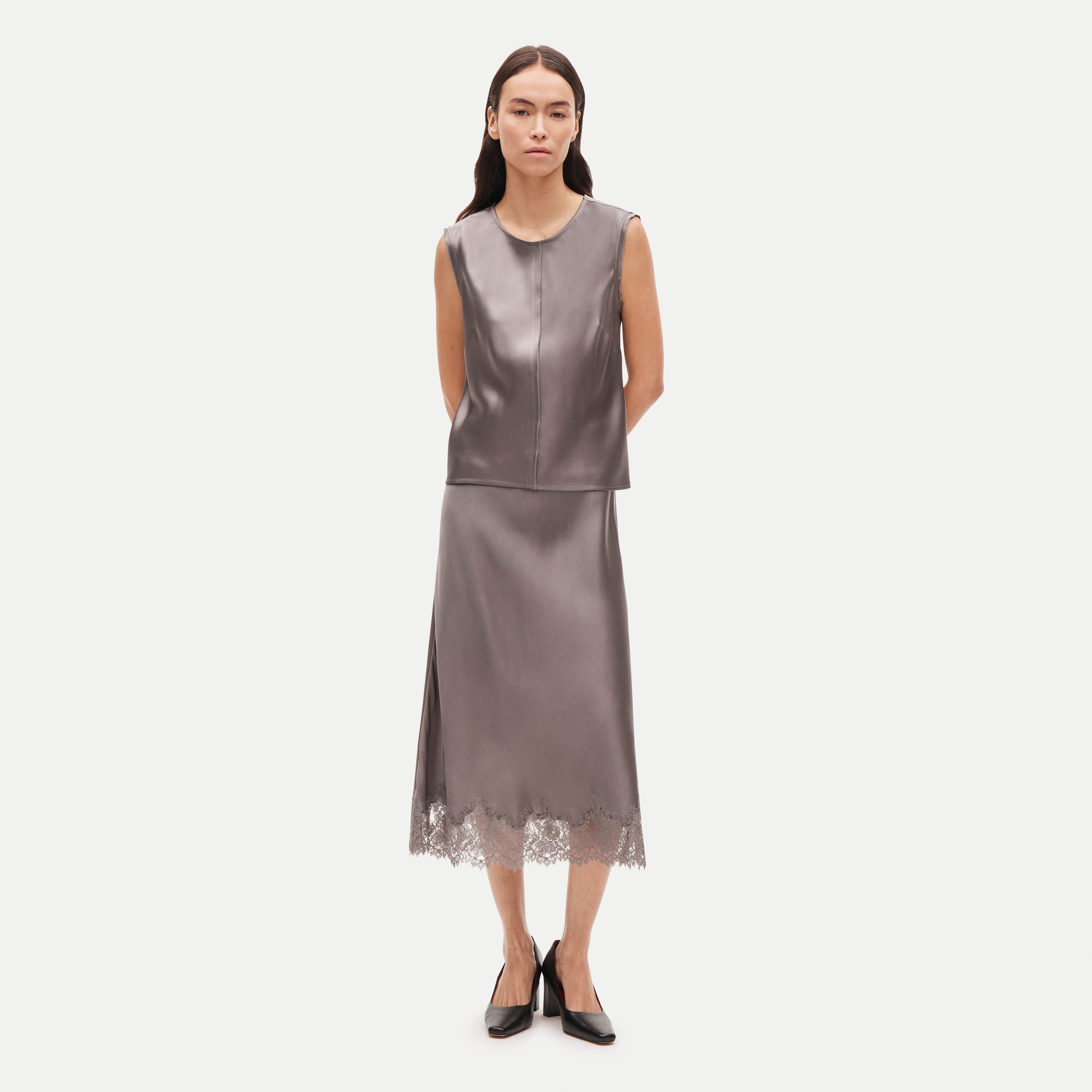 Gwyneth lace column slip skirt in double-faced satin