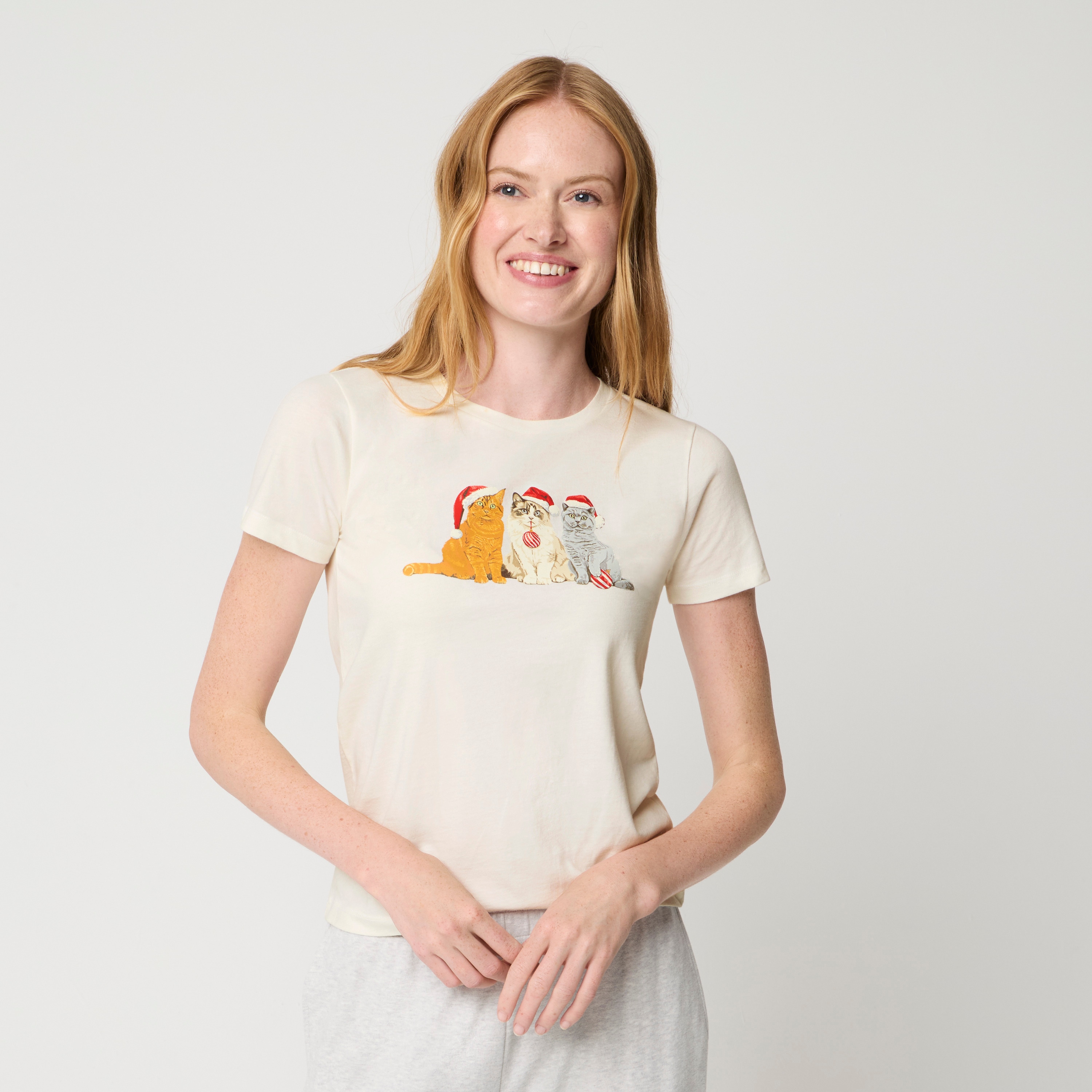 100% cotton holiday cats graphic tee
