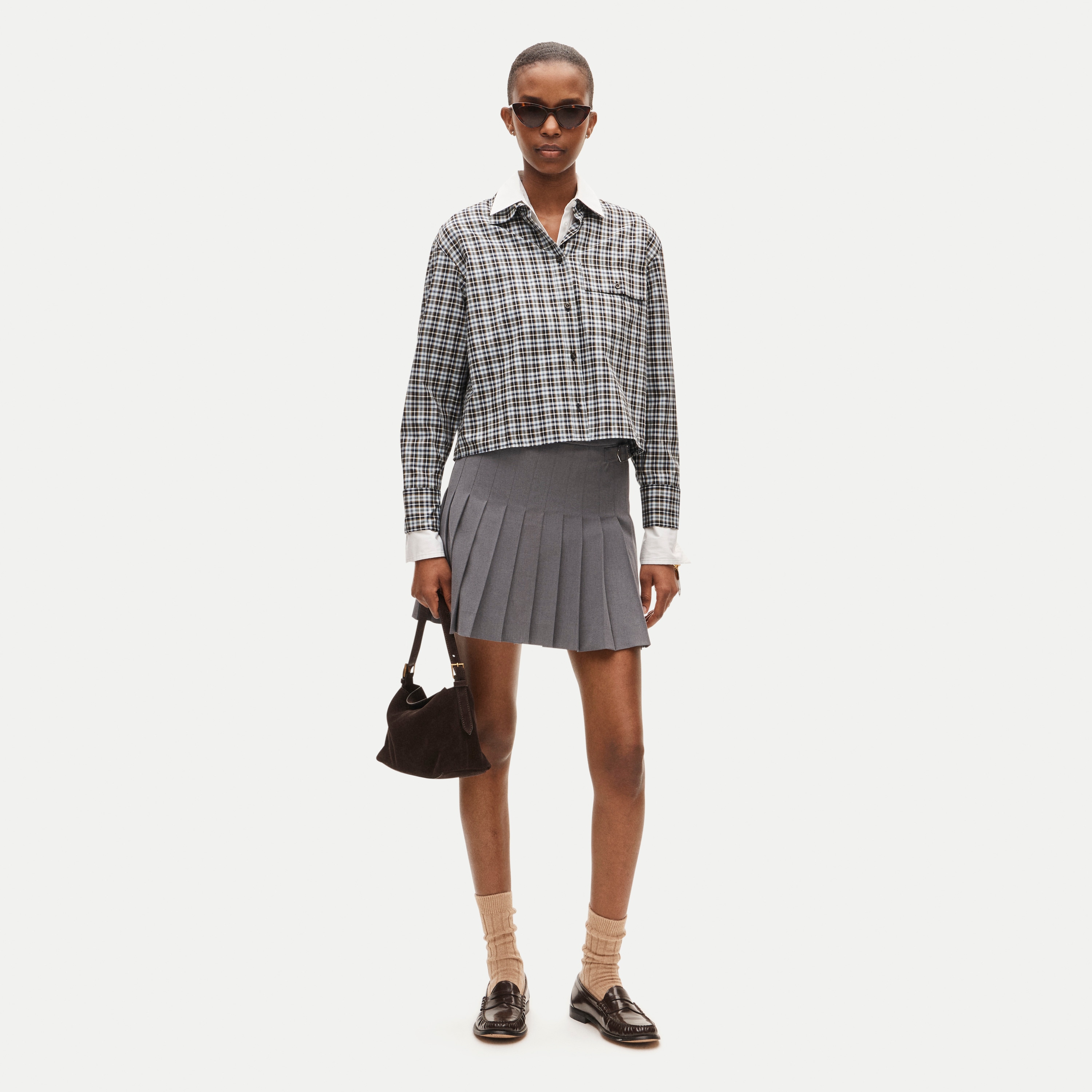 Esme cropped button-up shirt in plaid Greenwich poplin