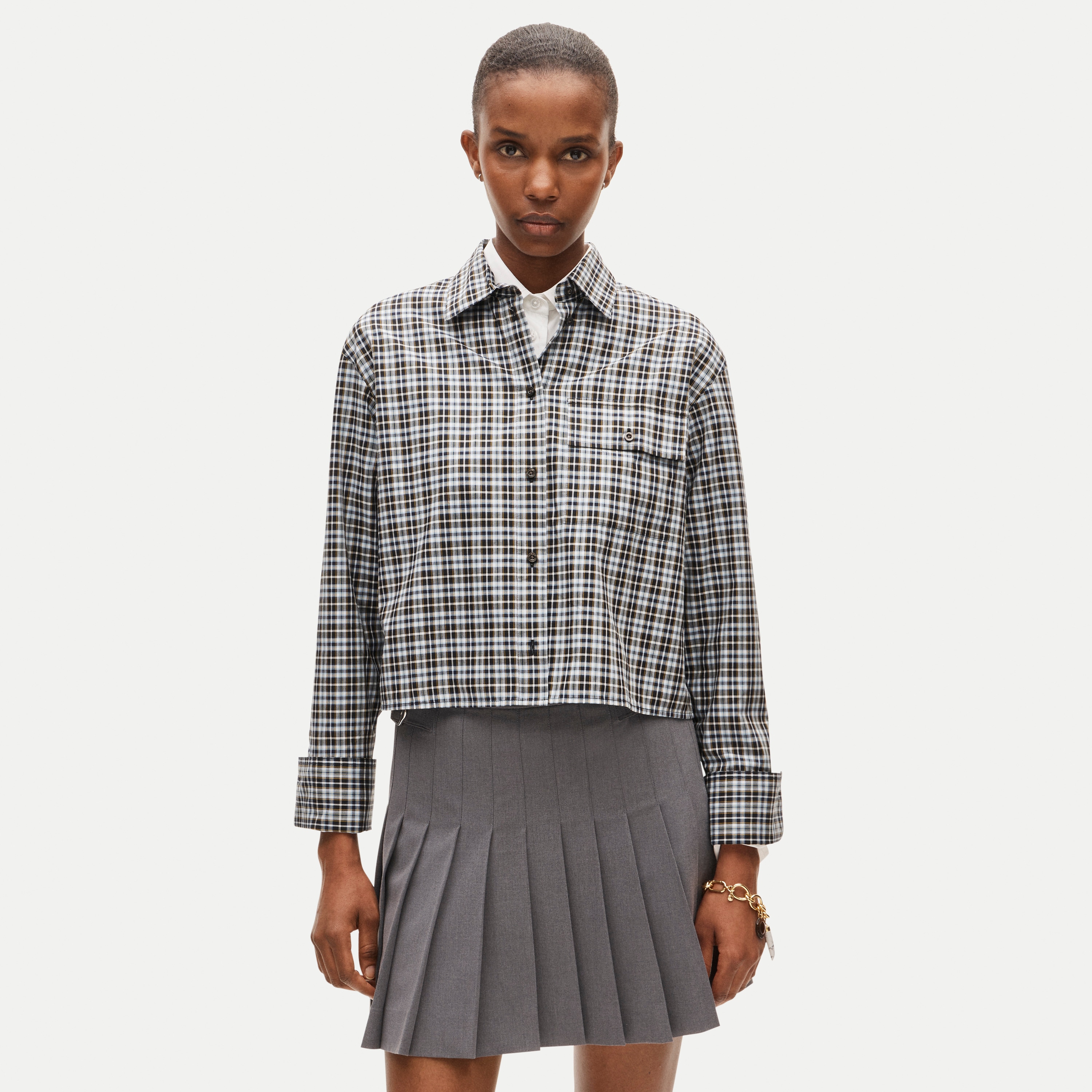 Esme cropped button-up shirt in plaid Greenwich poplin