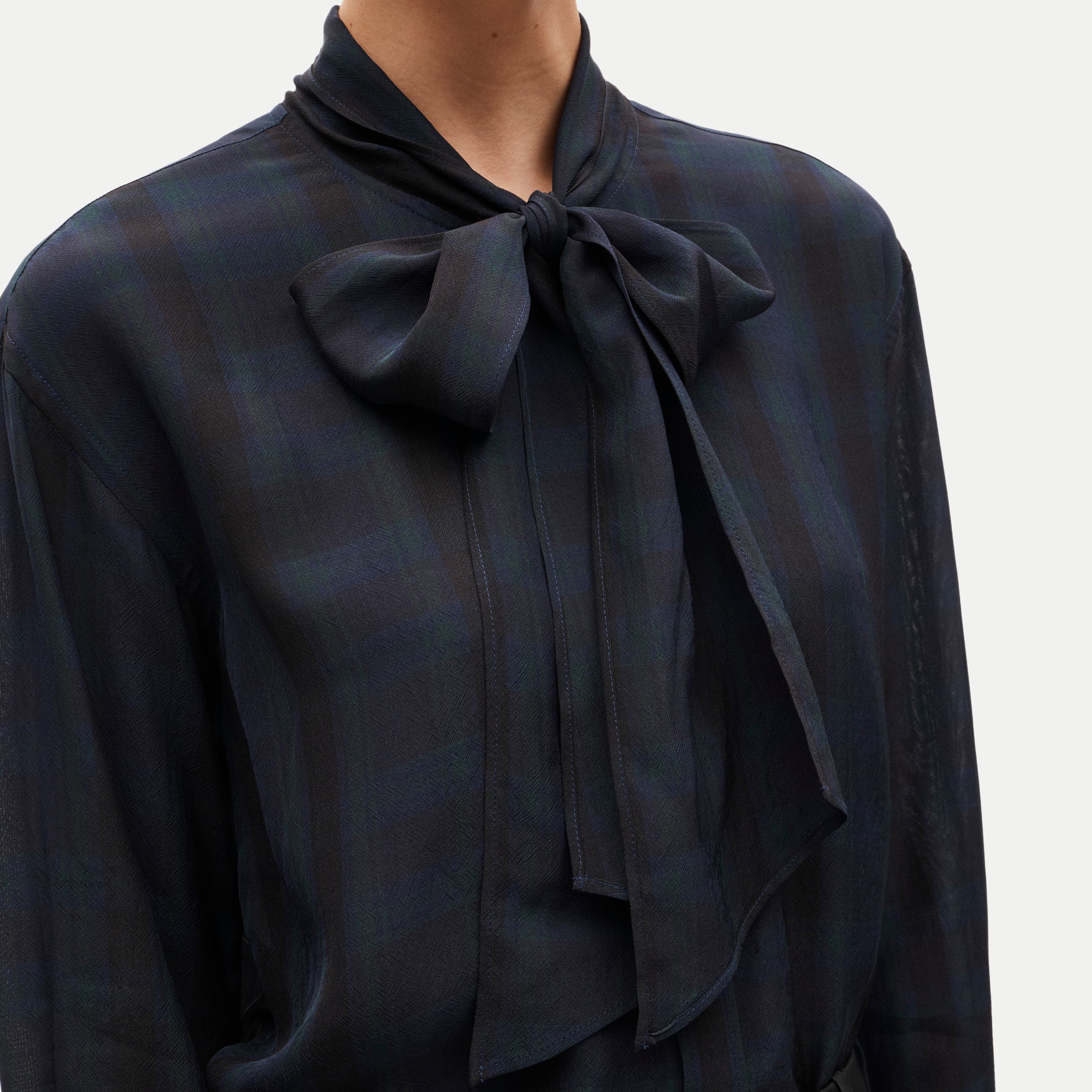 Bow button-up shirt in plaid georgette