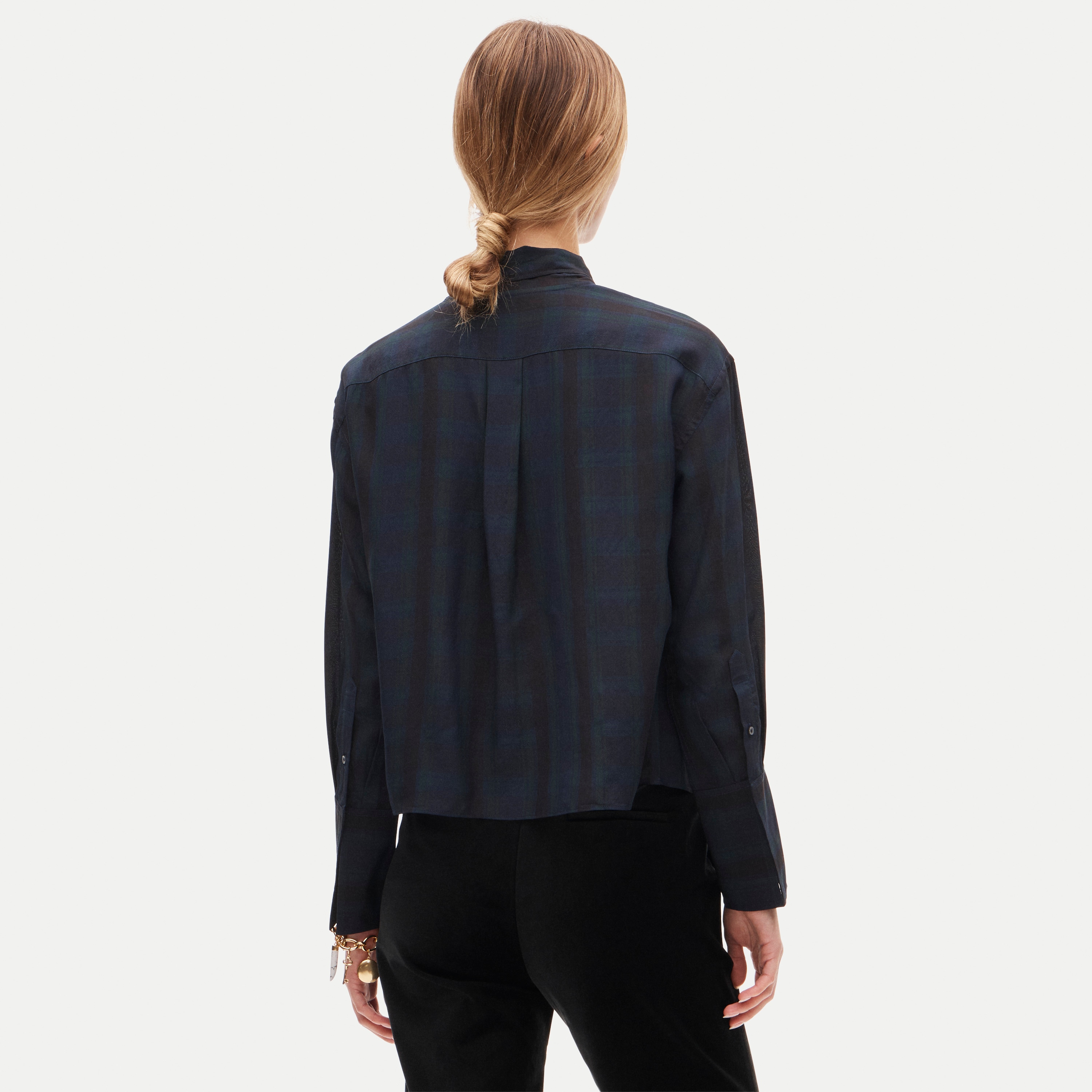 Bow button-up shirt in plaid georgette