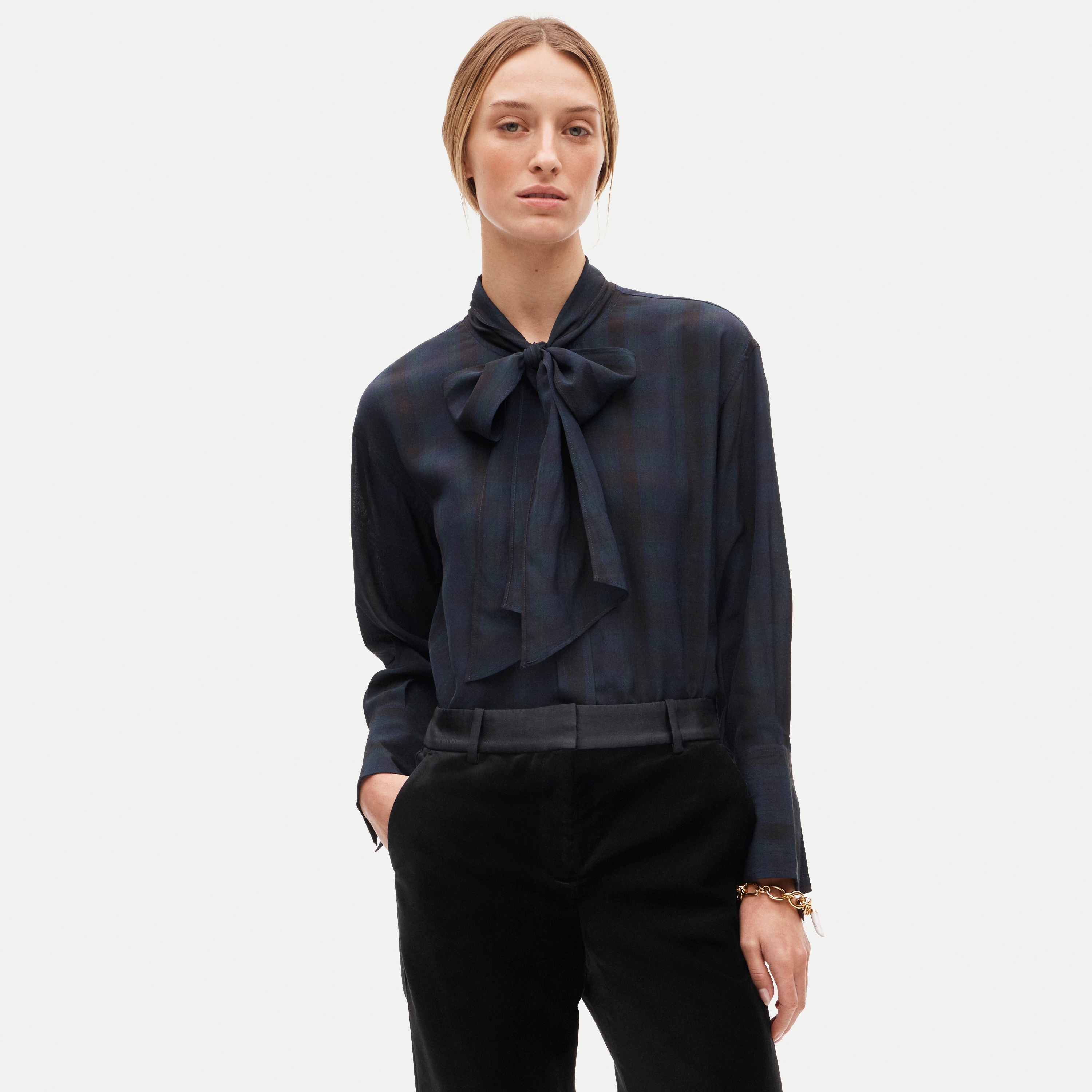 Bow button-up shirt in plaid georgette