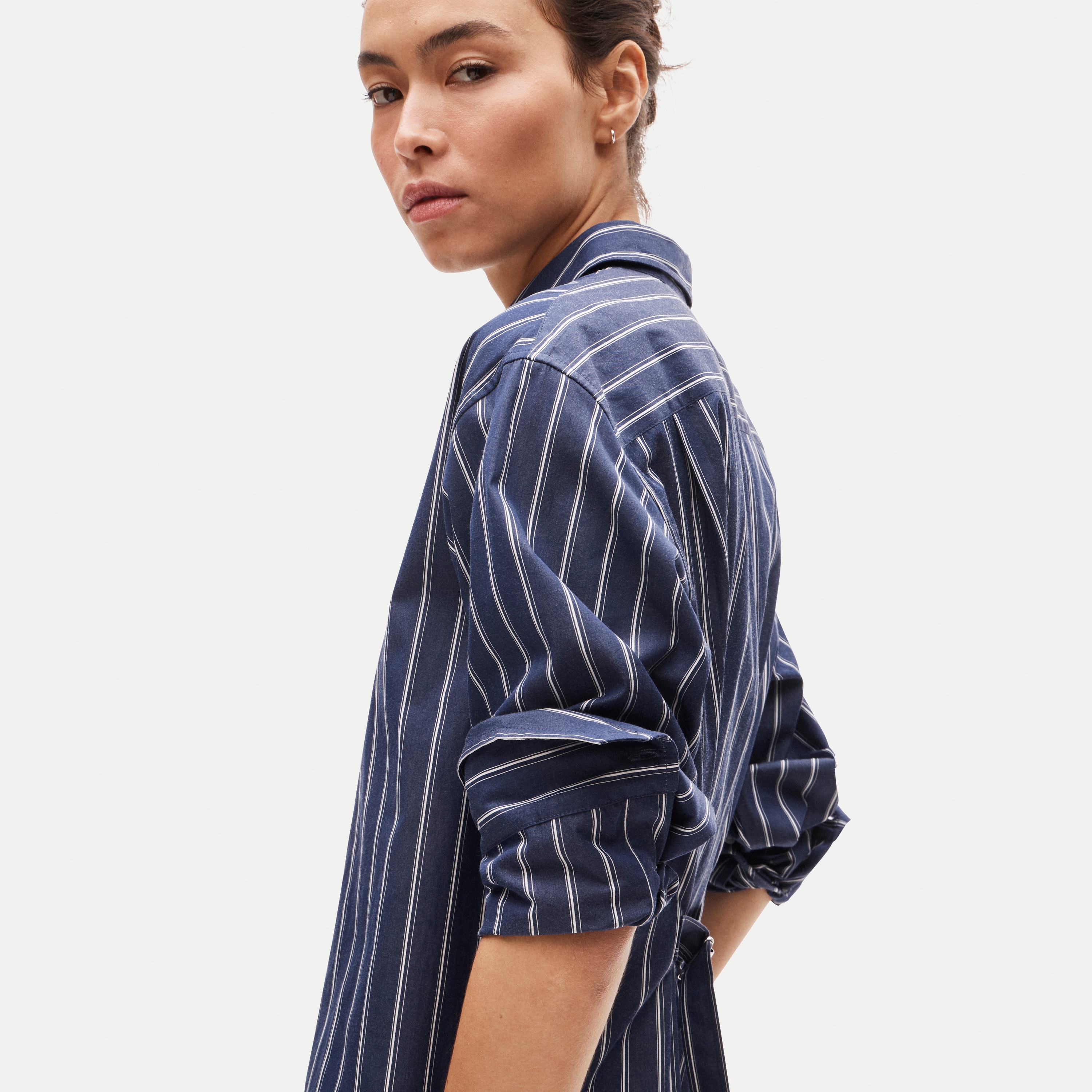 Cinched-back button-up shirt in striped Greenwich poplin
