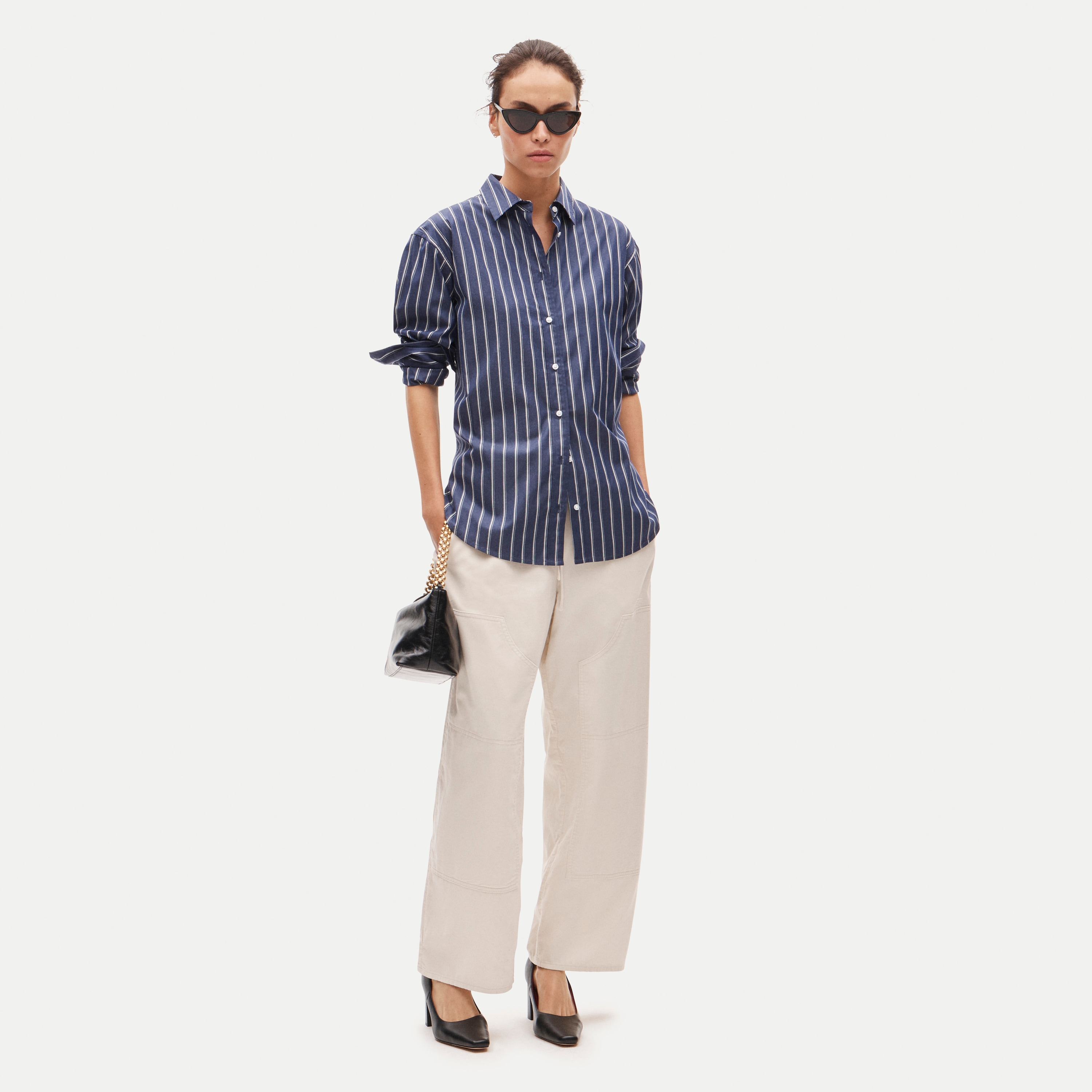 Cinched-back button-up shirt in striped Greenwich poplin