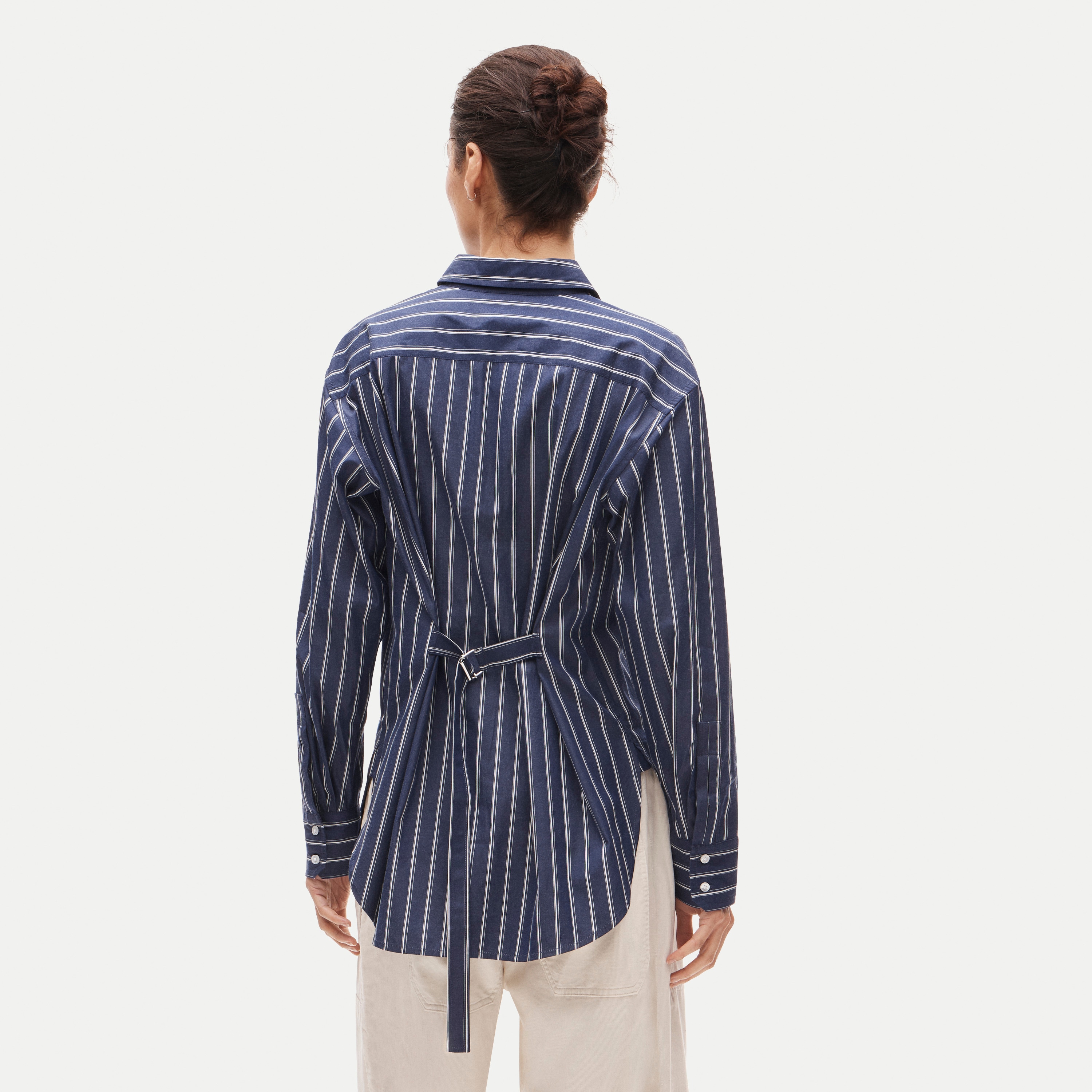 Cinched-back button-up shirt in striped Greenwich poplin