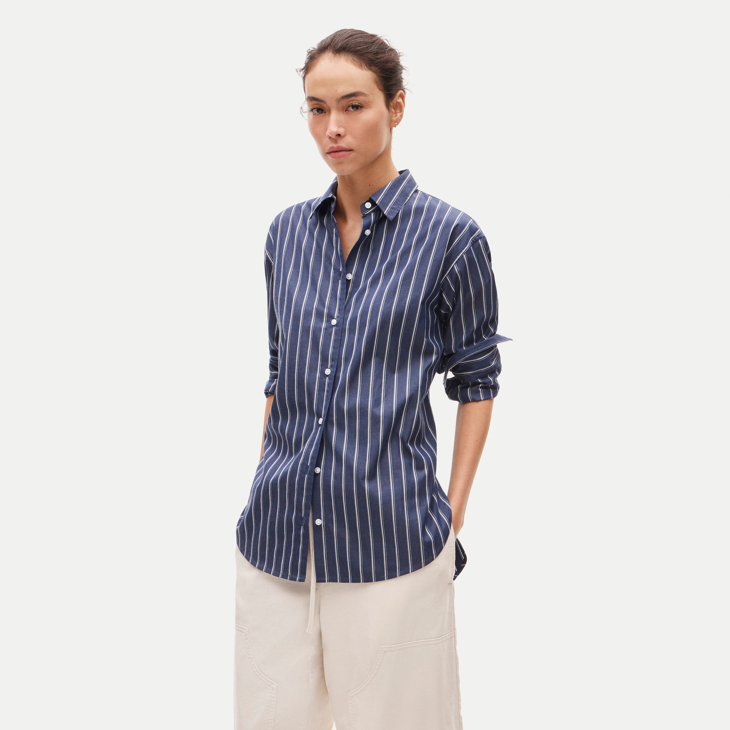 Cinched-back button-up shirt in striped Greenwich poplin