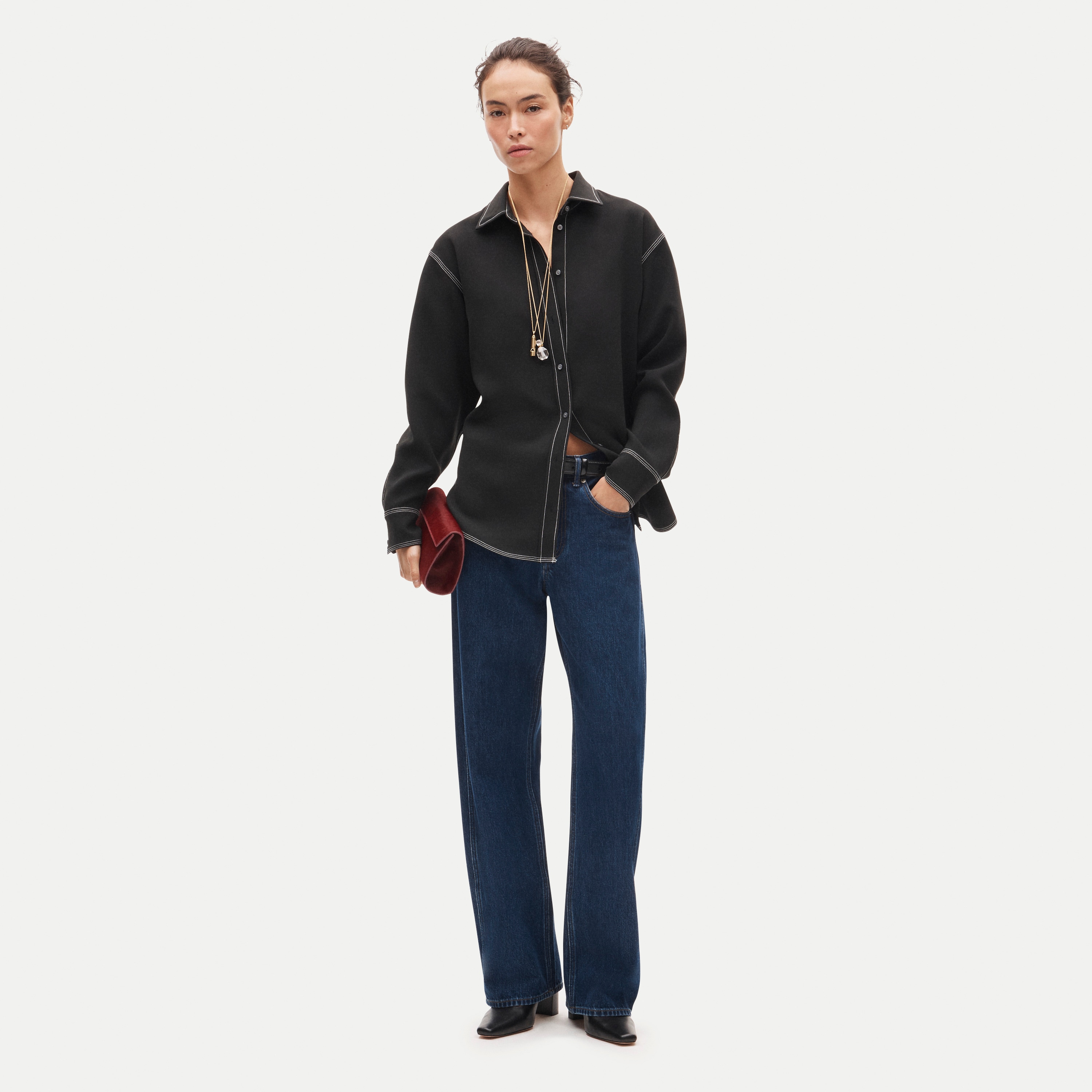 Cinched-back button-up shirt in contrast-stitch crepe de chine
