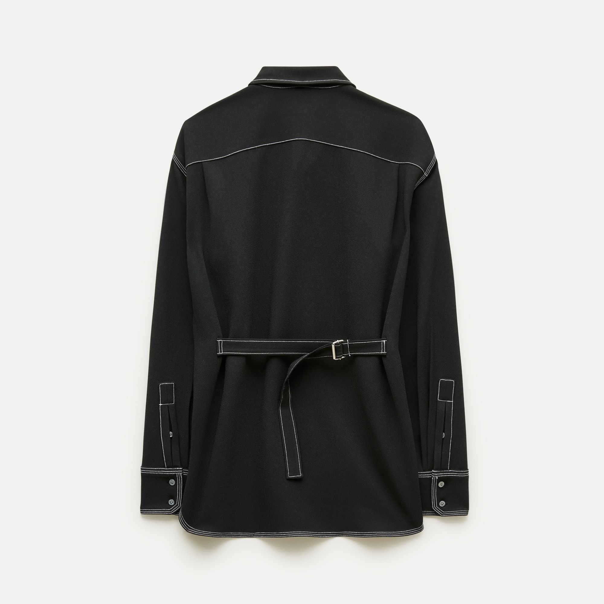 Cinched-back button-up shirt in contrast-stitch crepe de chine