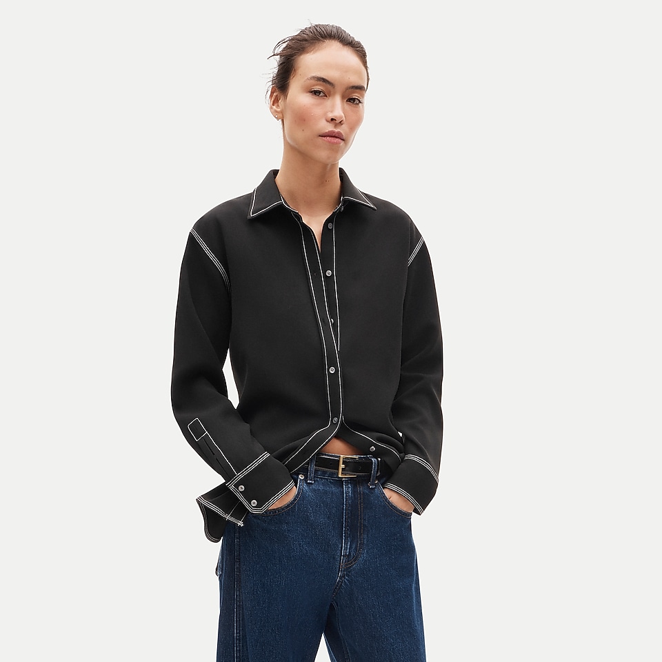 Cinched-back button-up shirt in contrast-stitch crepe de chine by J.Crew