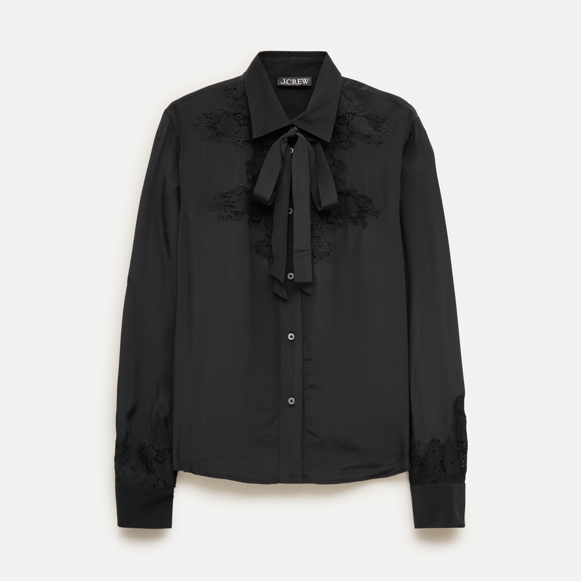 Lace tie-neck button-up shirt in viscose twill