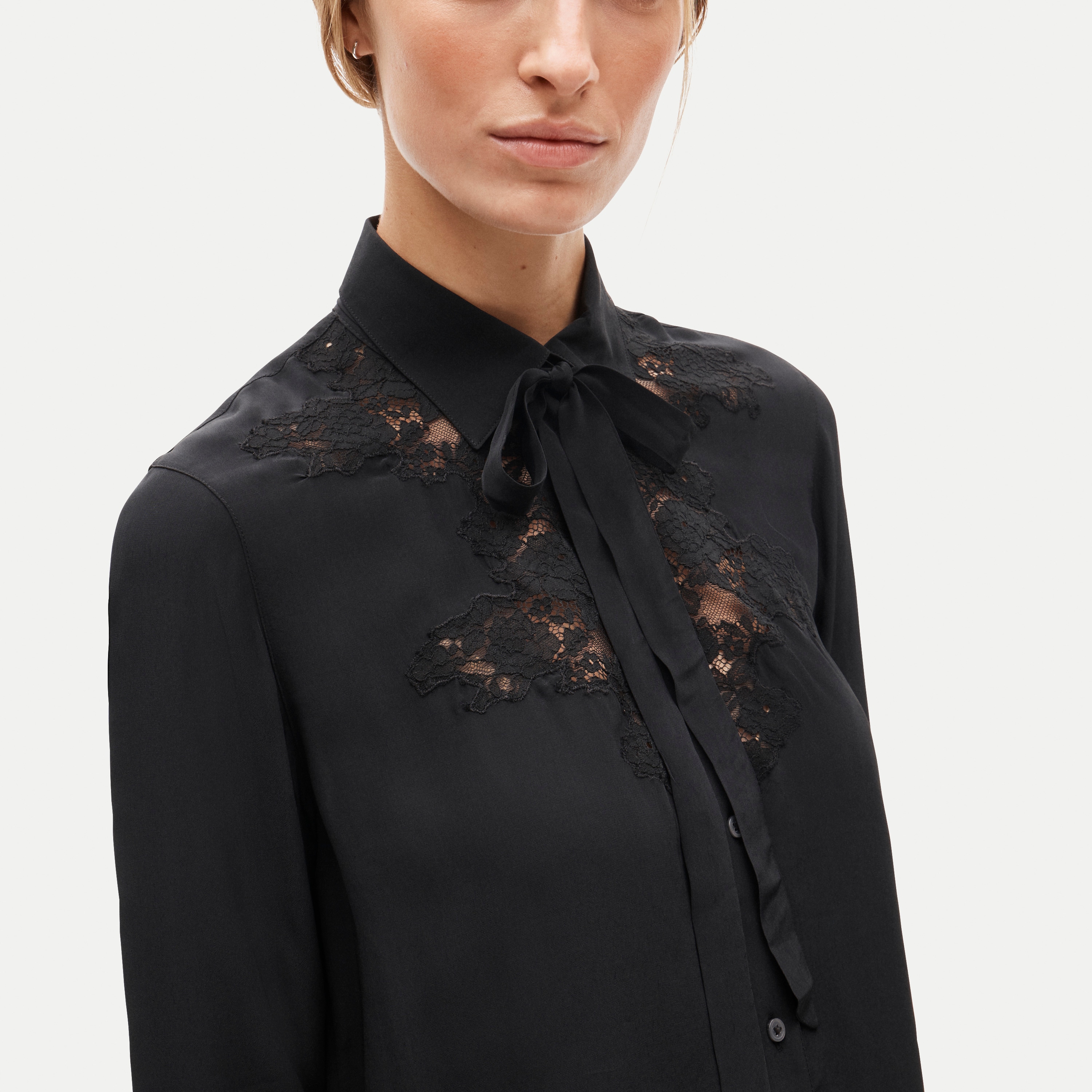 Lace tie-neck button-up shirt in viscose twill