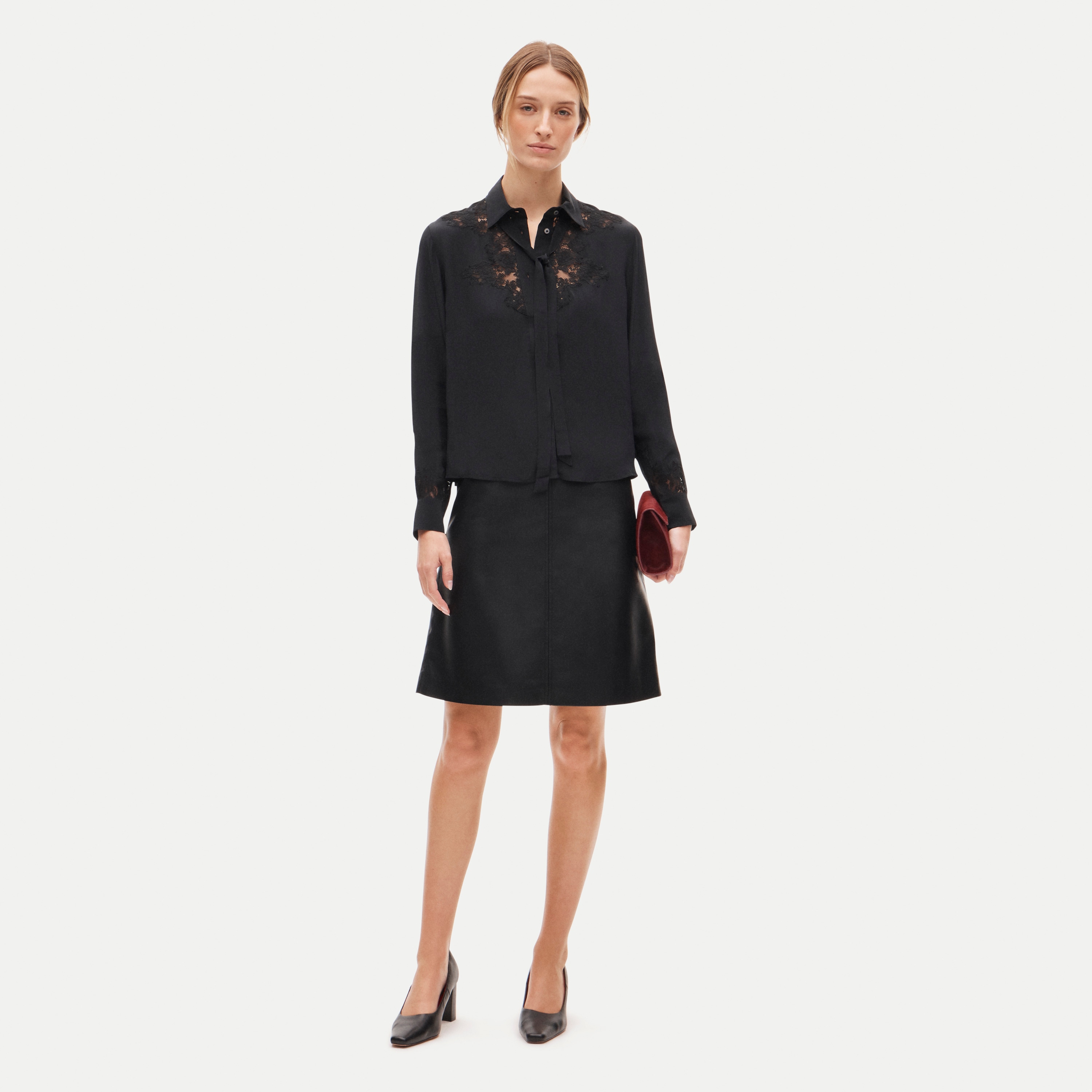 Lace tie-neck button-up shirt in viscose twill