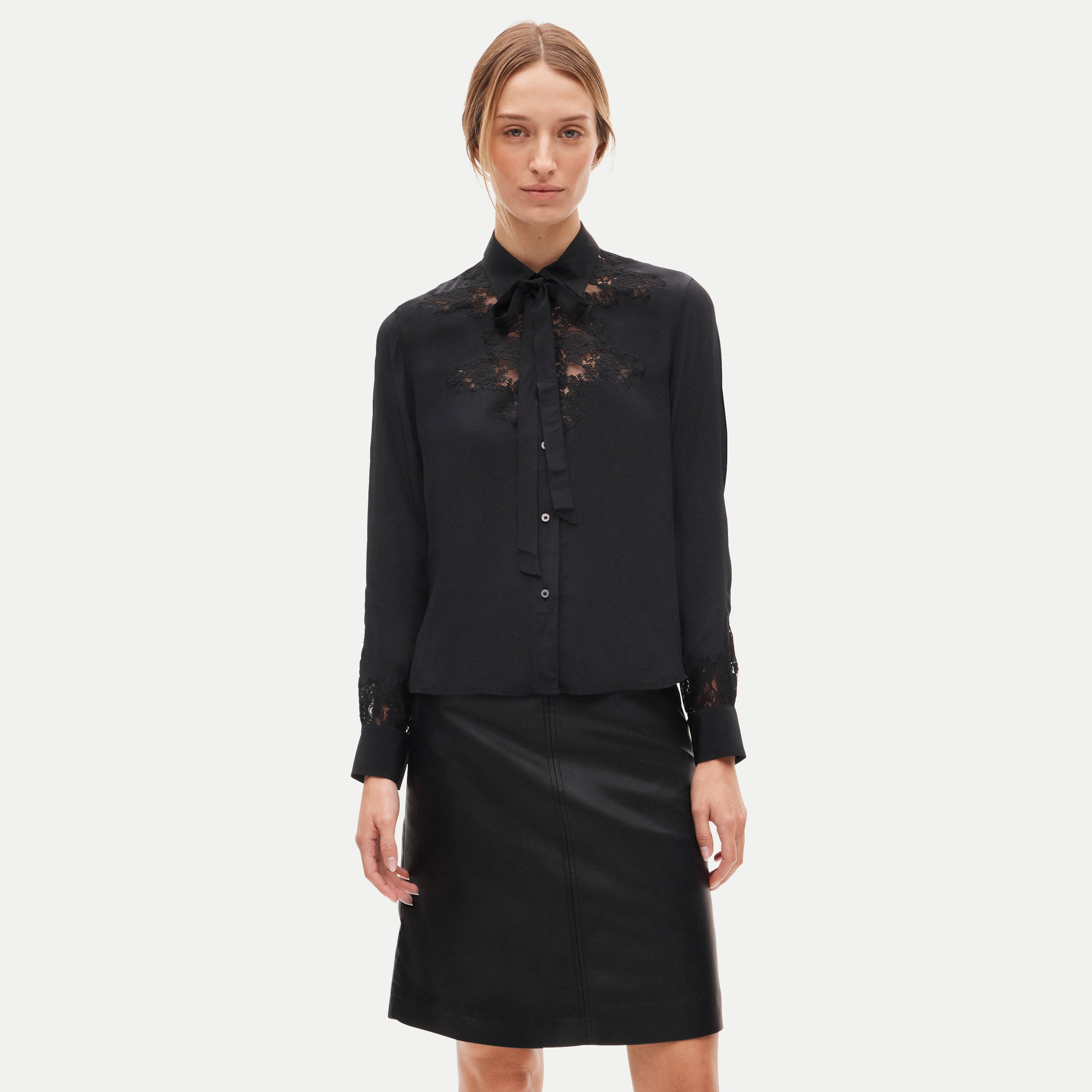 Lace tie-neck button-up shirt in viscose twill
