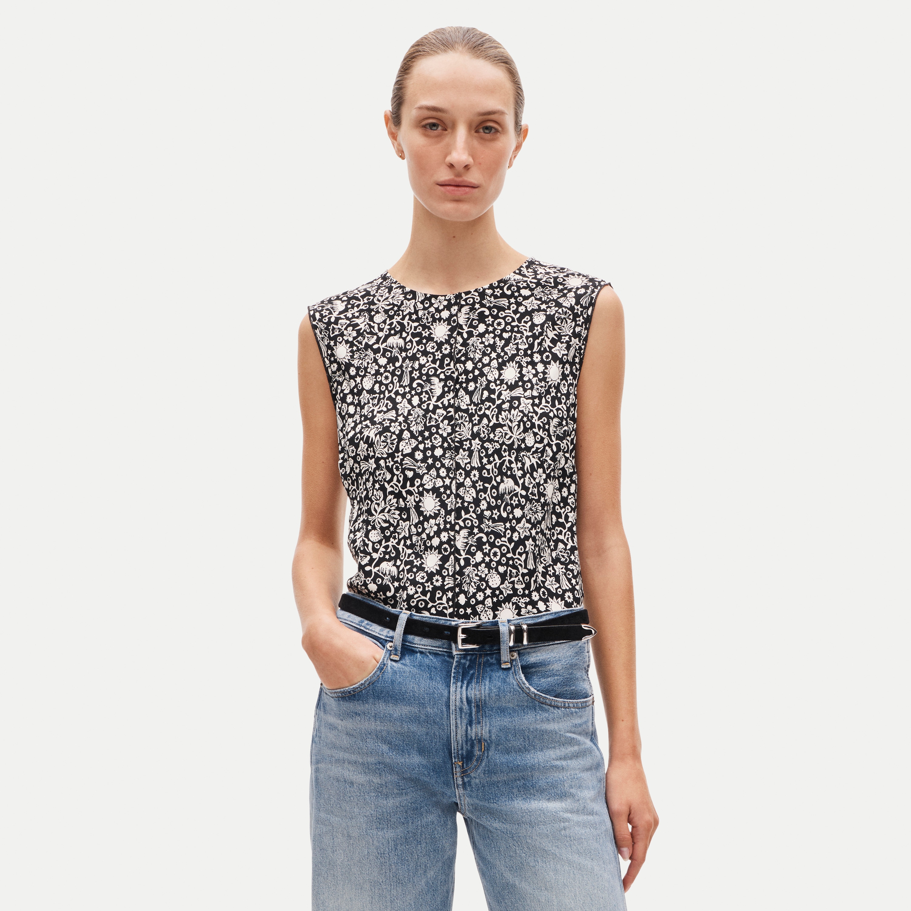 Shell top in charm-print crepe de chine
