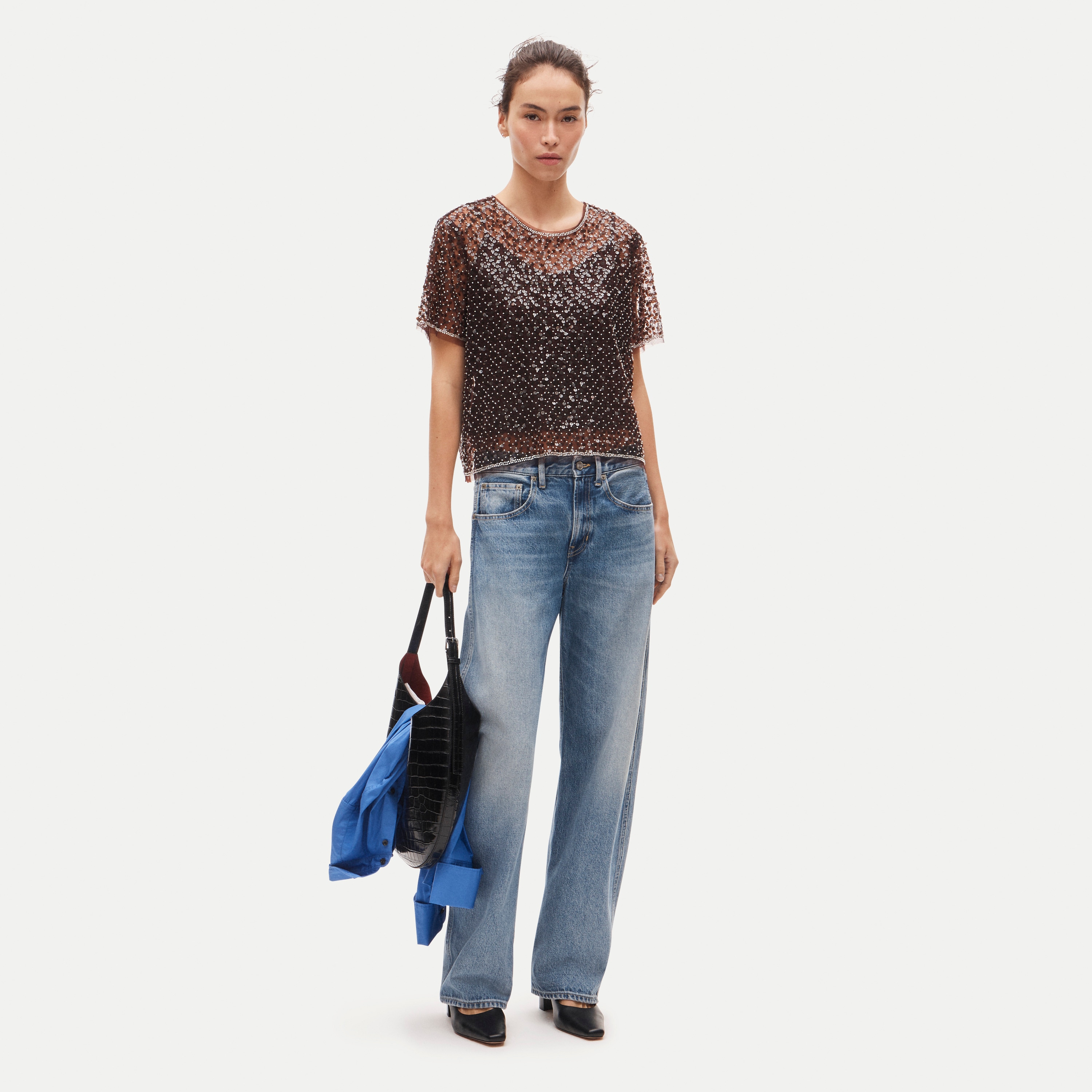 Embellished tulle short-sleeve top