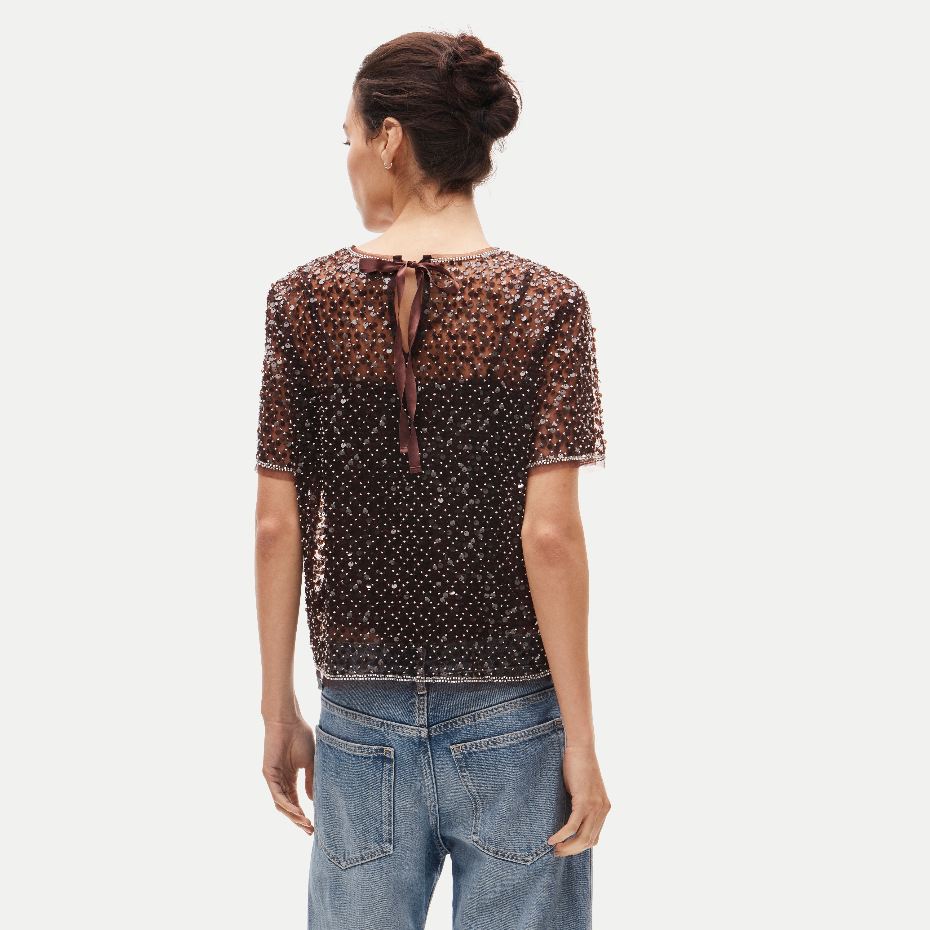 Embellished tulle short-sleeve top