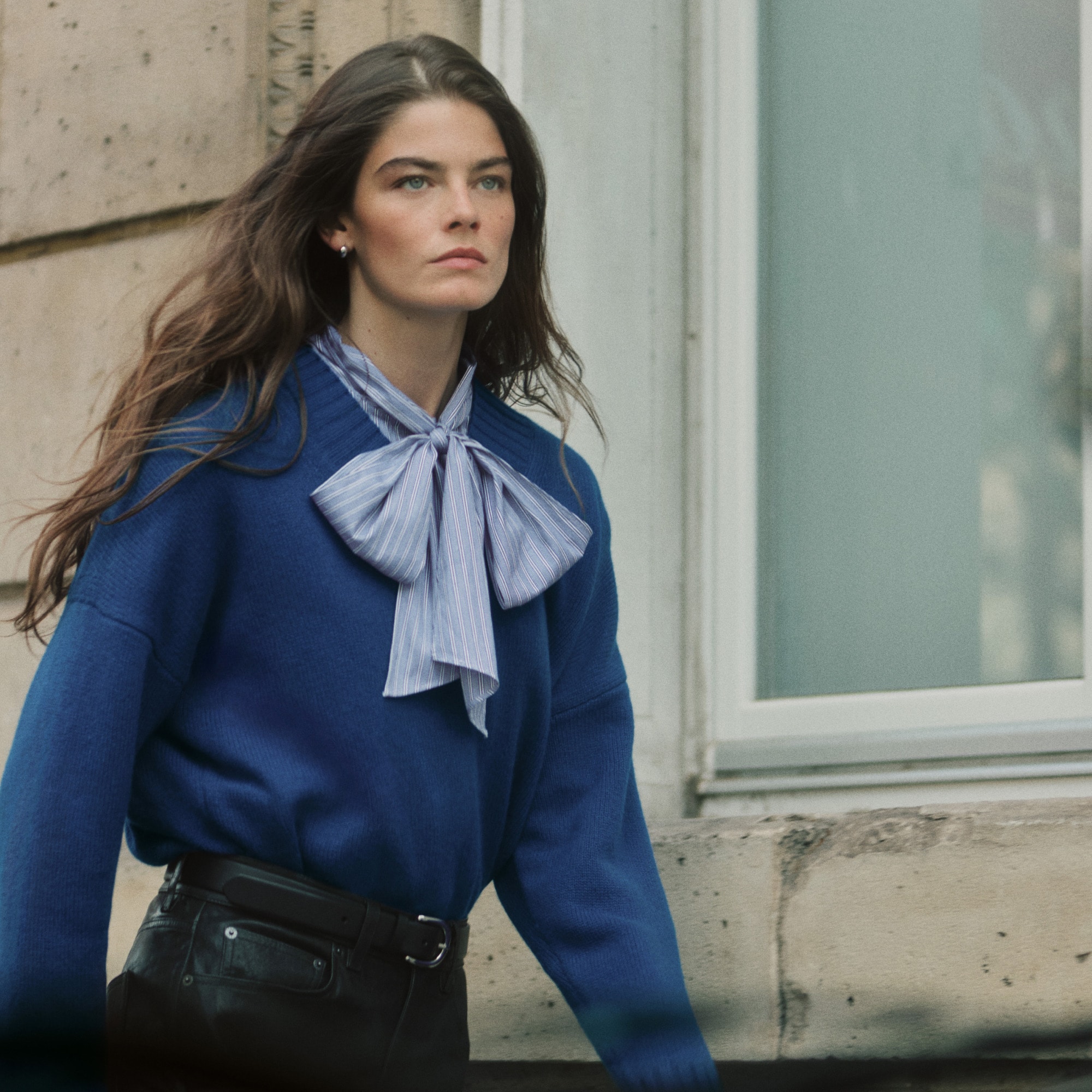 Bow button-up shirt in striped cotton poplin