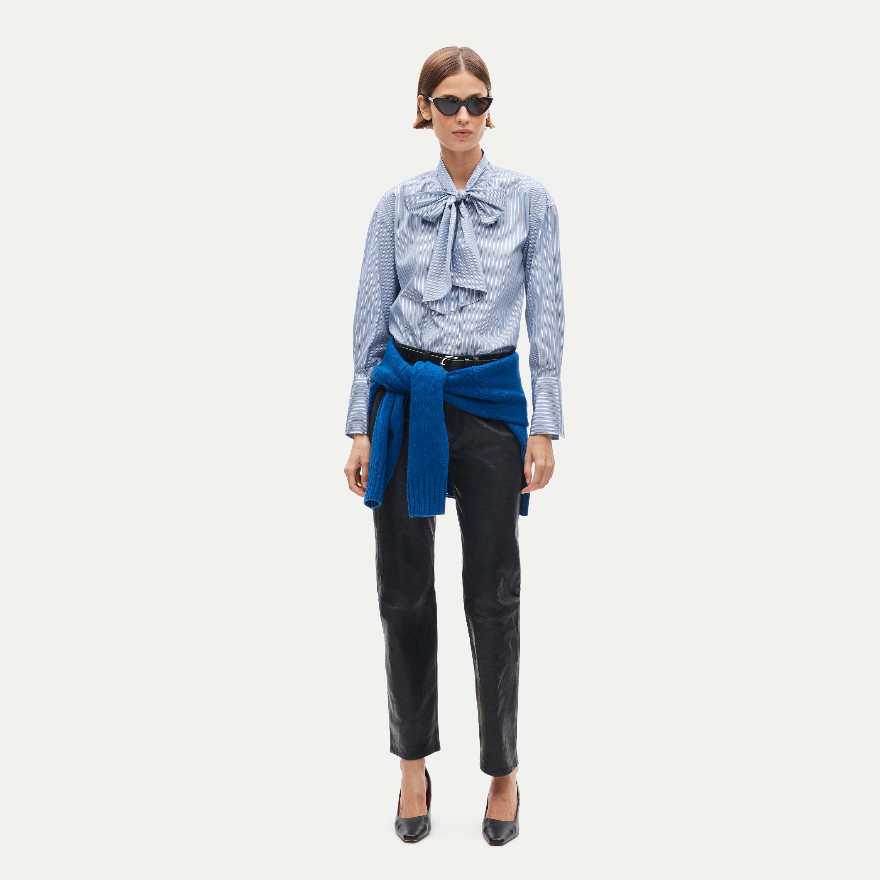 Bow button-up shirt in striped cotton poplin