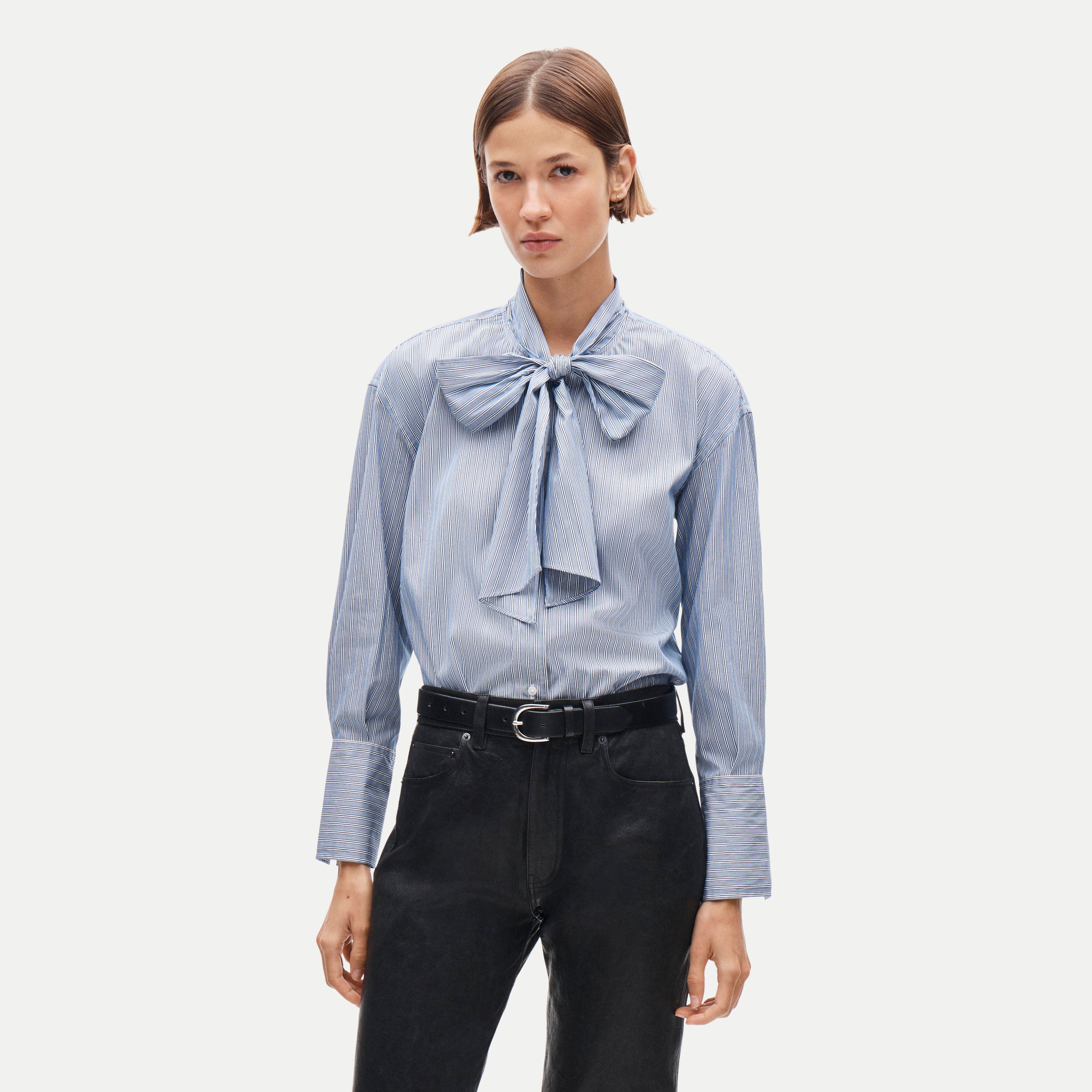 Bow button-up shirt in striped cotton poplin