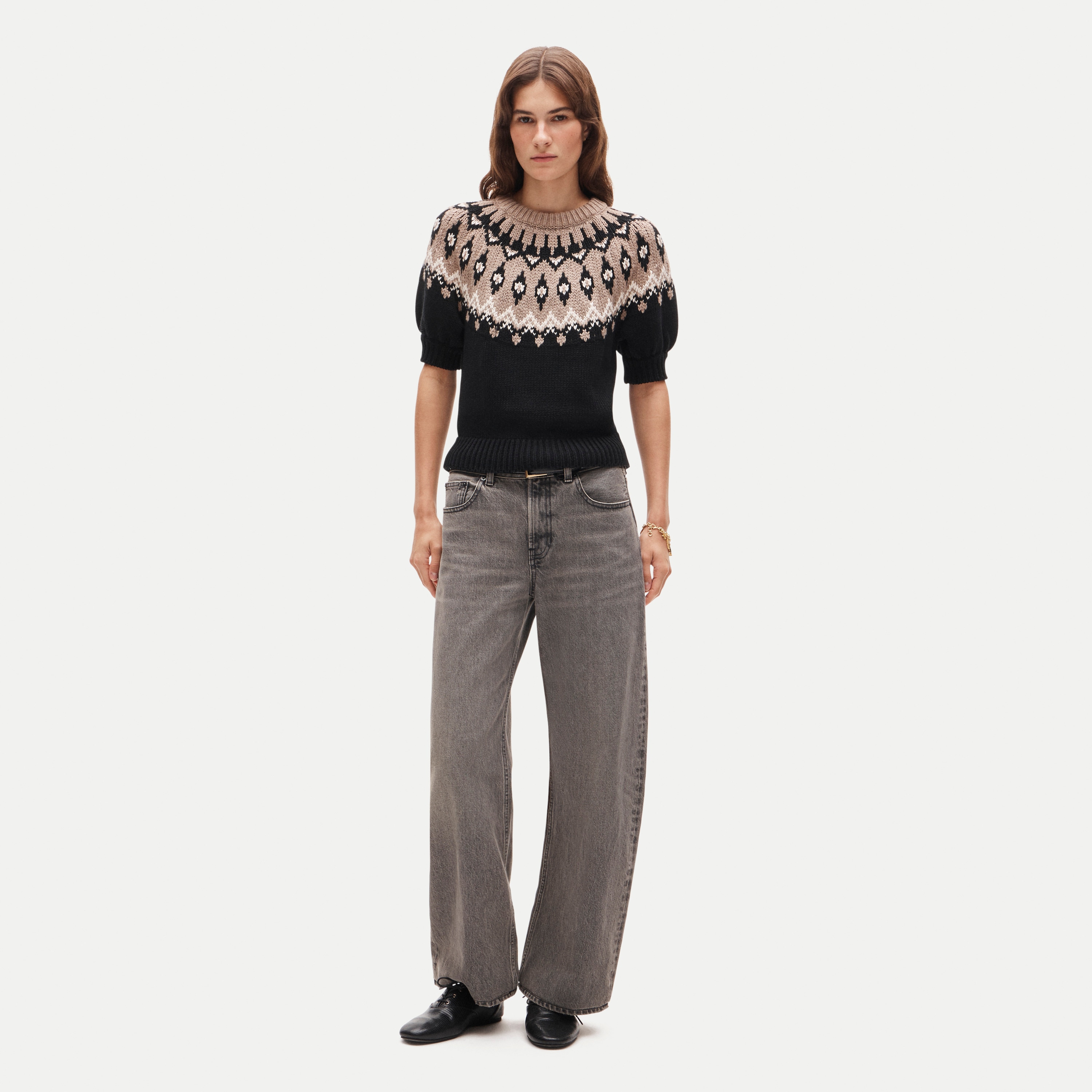 Short-sleeve Fair Isle sweater in cotton