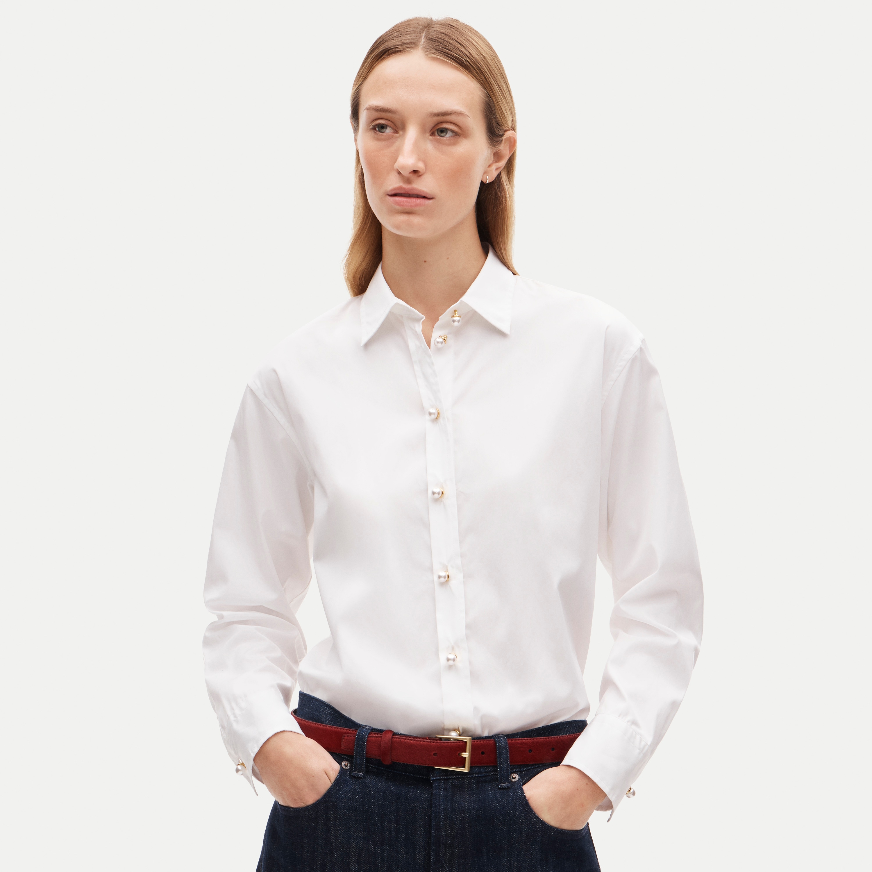 Esme button-up shirt with pearl buttons in Greenwich poplin