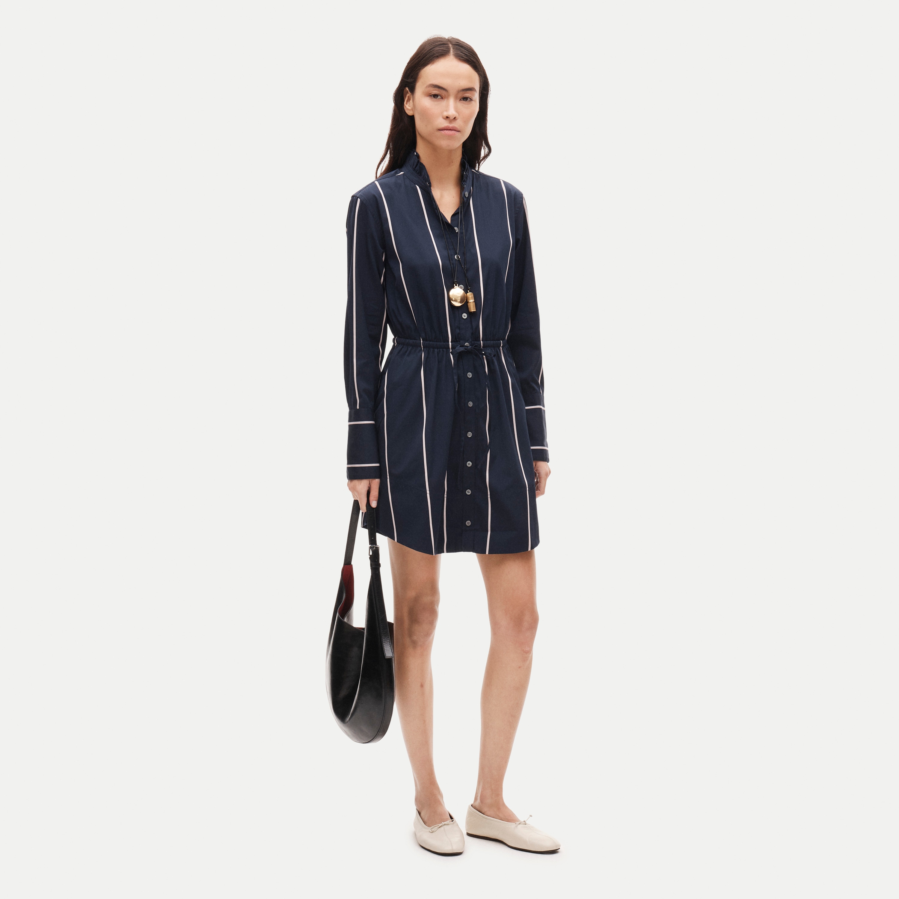 Ruffle-collar mini shirt-dress in striped poplin
