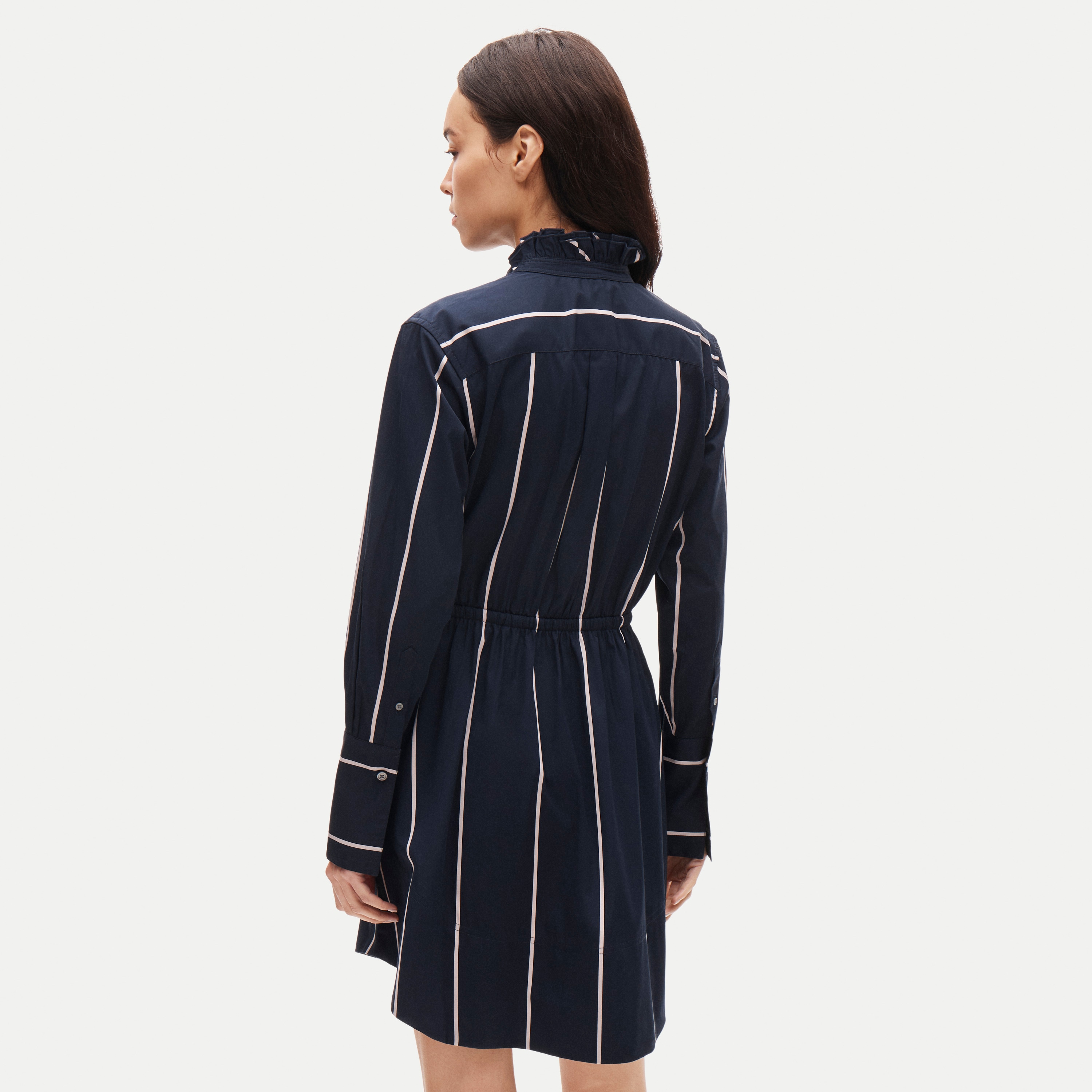 Ruffle-collar mini shirt-dress in striped poplin