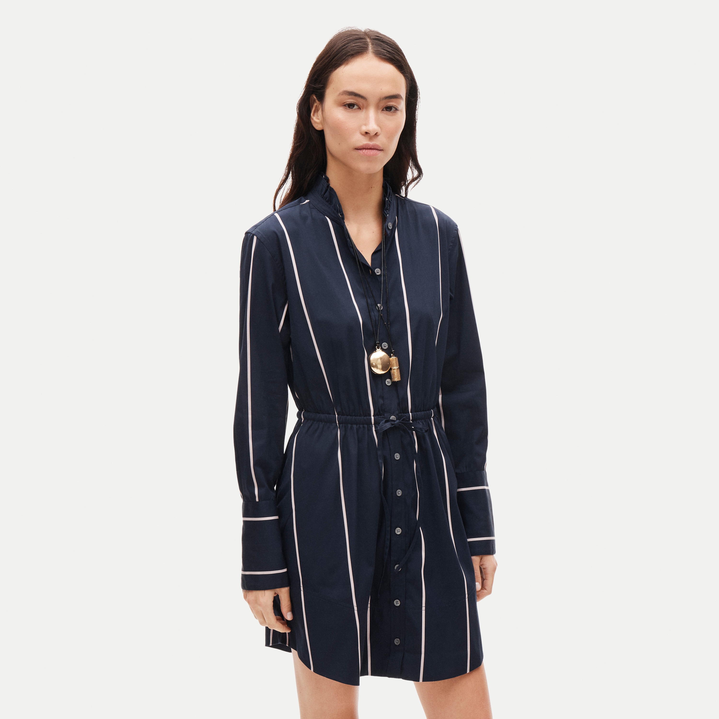 Ruffle-collar mini shirt-dress in striped poplin