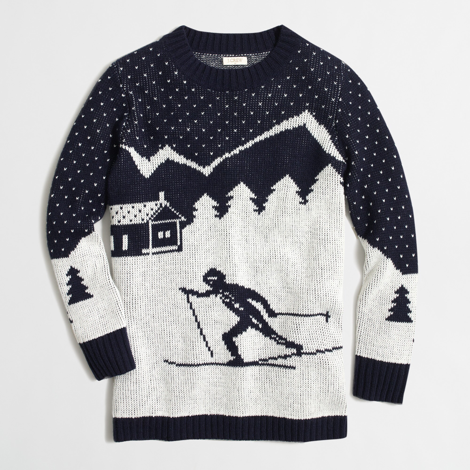 Intarsia ski scene sweater