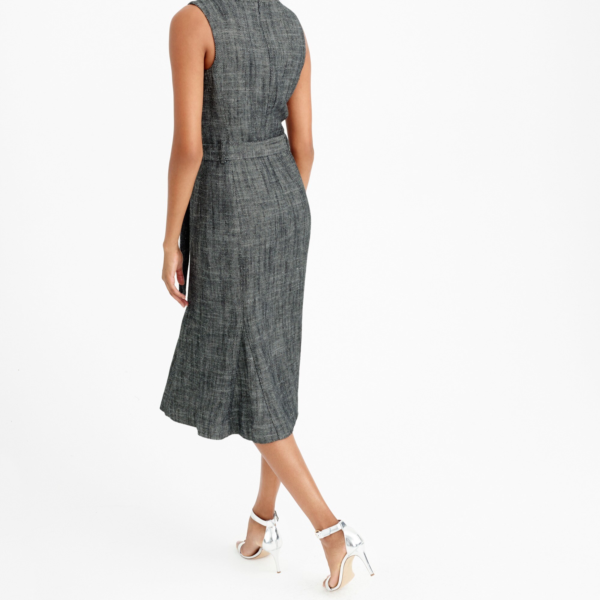 Belted dress in textured herringbone