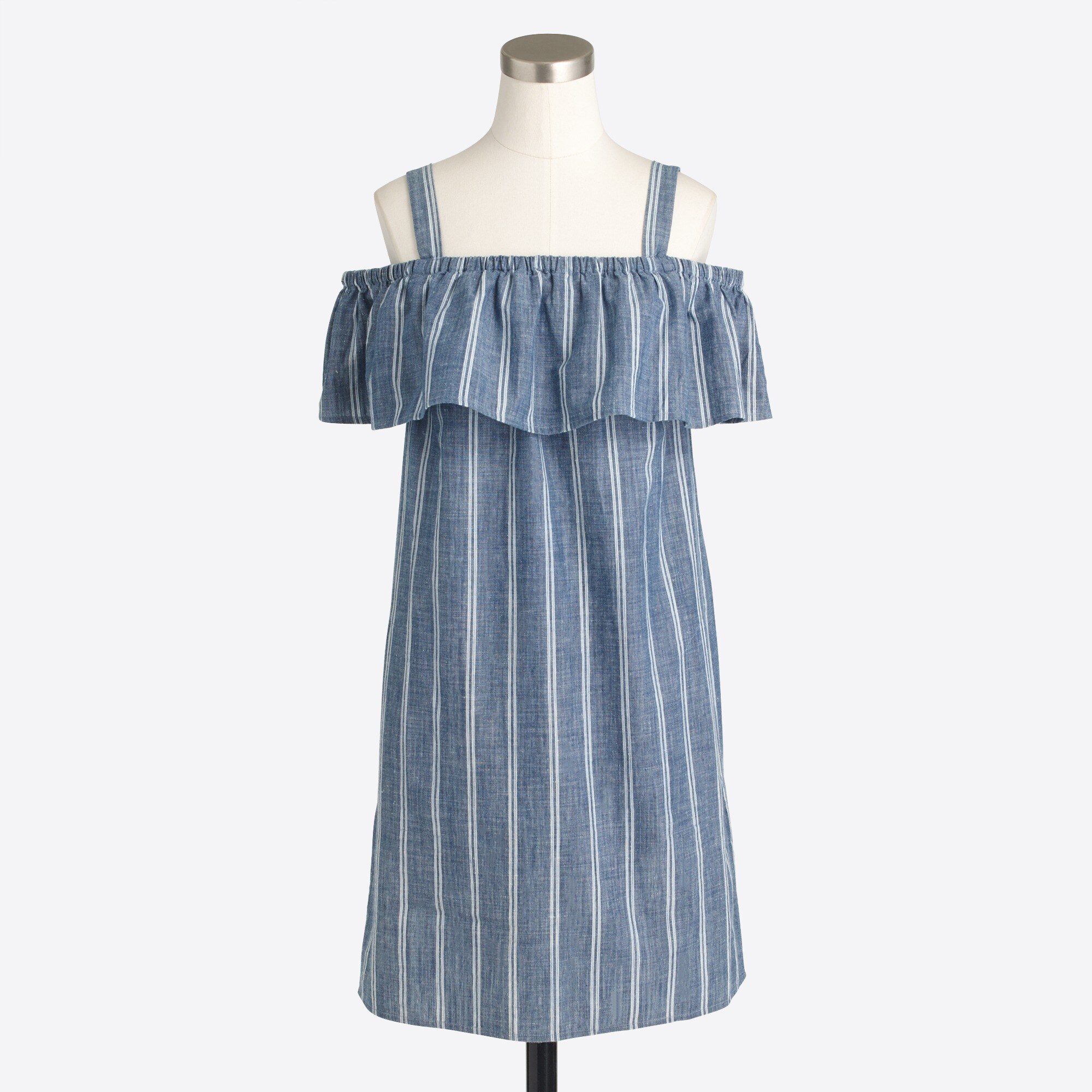 Striped chambray ruffle-neck dress