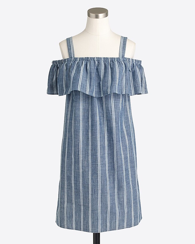 factory: striped chambray ruffle-neck dress for women, right side, view zoomed