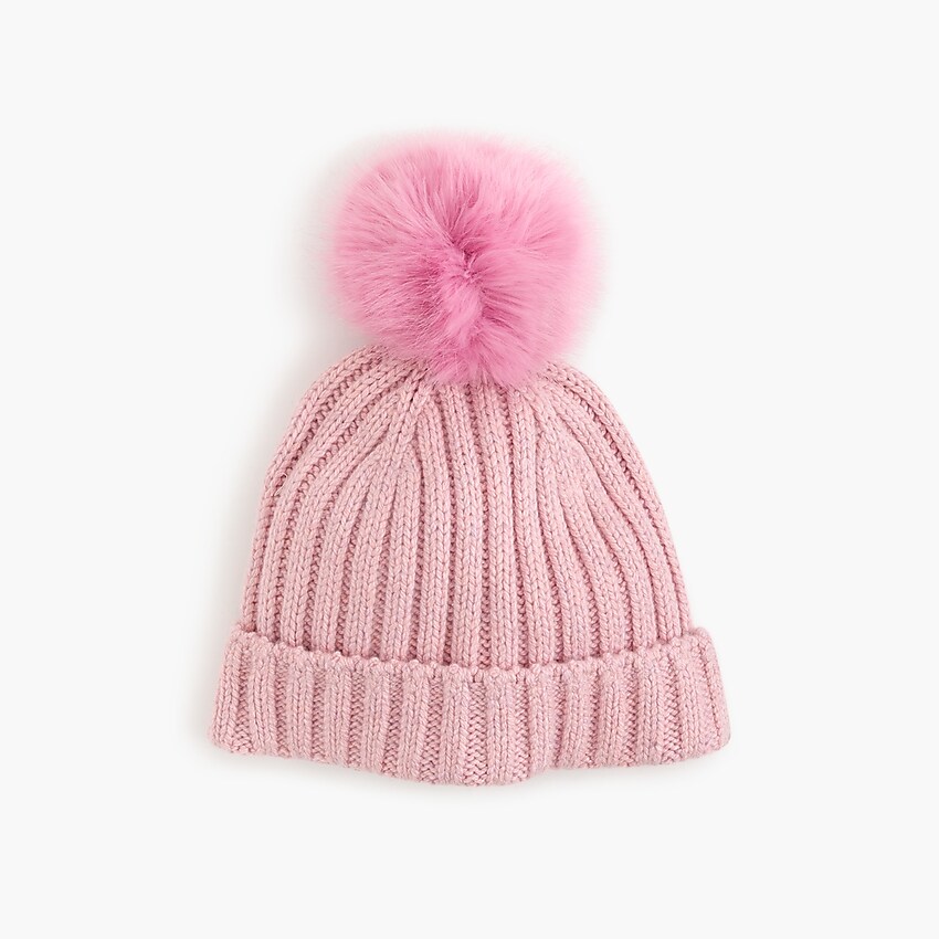 j.crew: ribbed hat with faux-fur pom-pom for women, right side, view zoomed