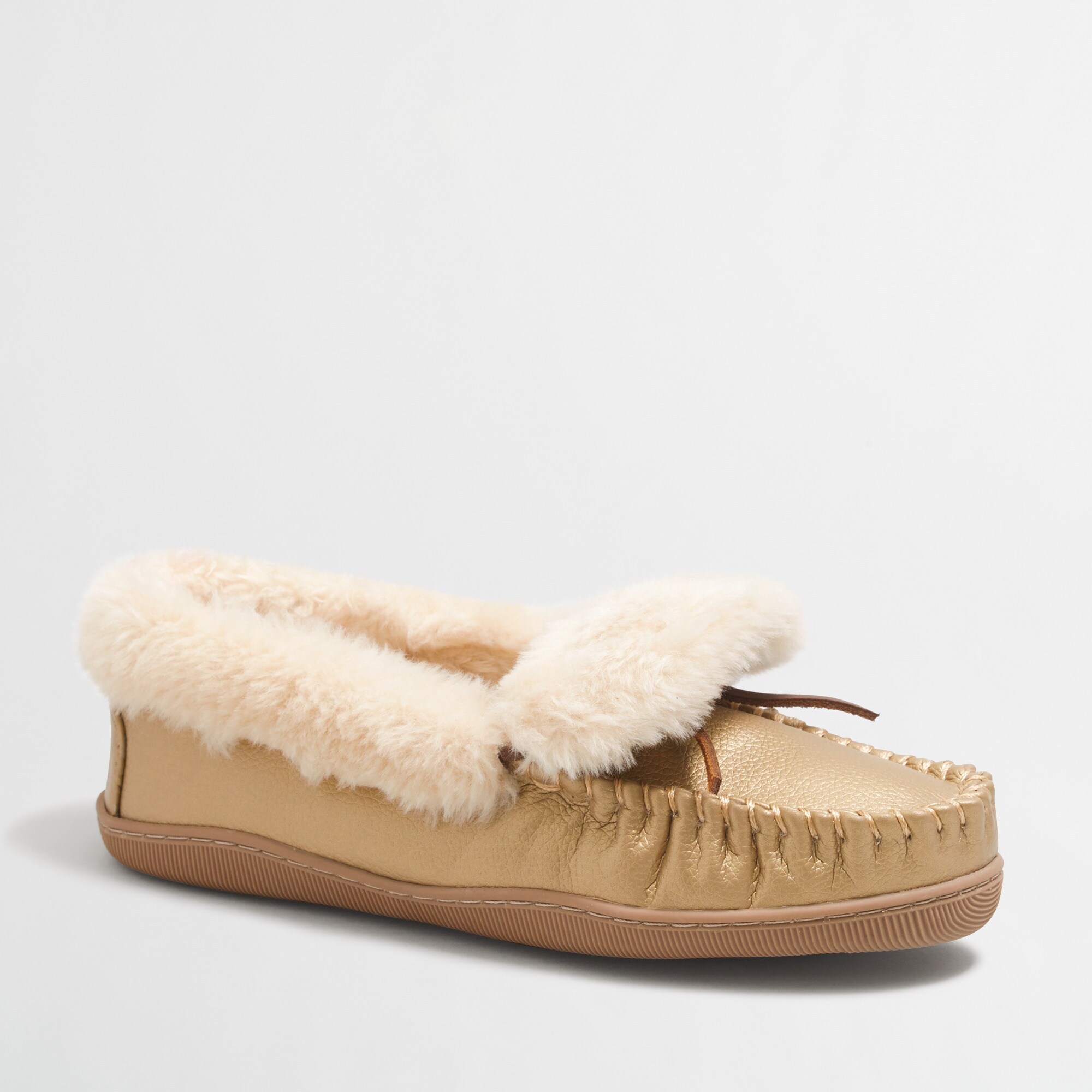 Metallic shearling foldover fireside slippers