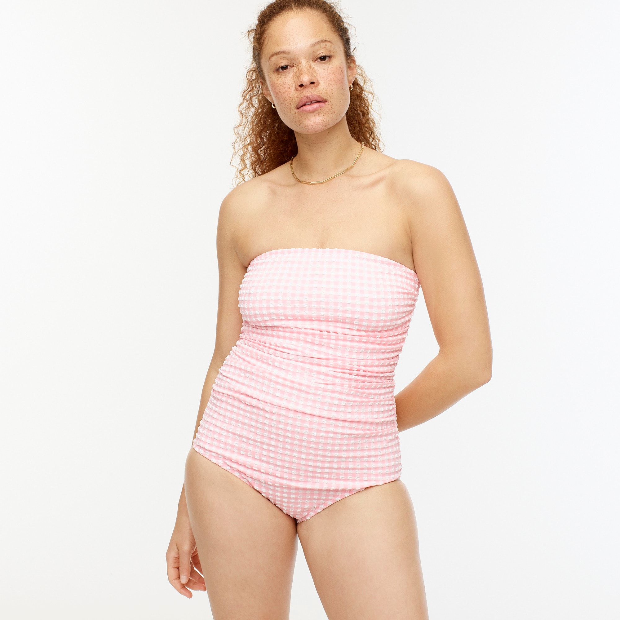 J Crew Gingham Ruched Bandeau One Piece Swimsuit For Women