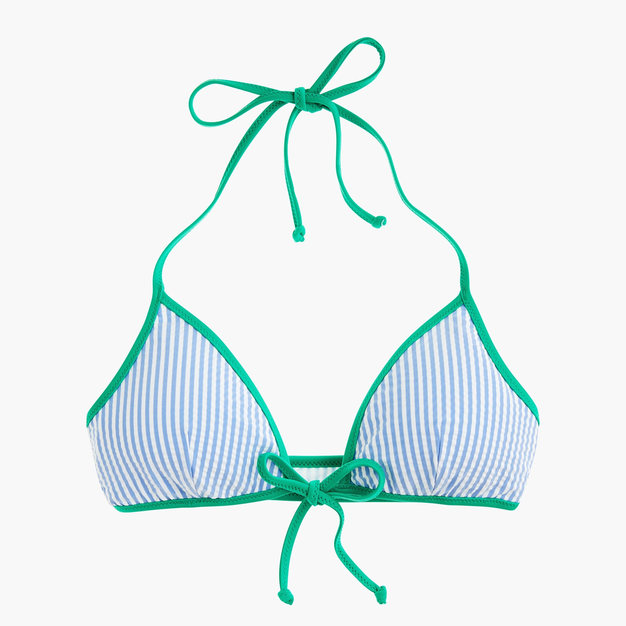 Tipped seersucker tie-front bikini top