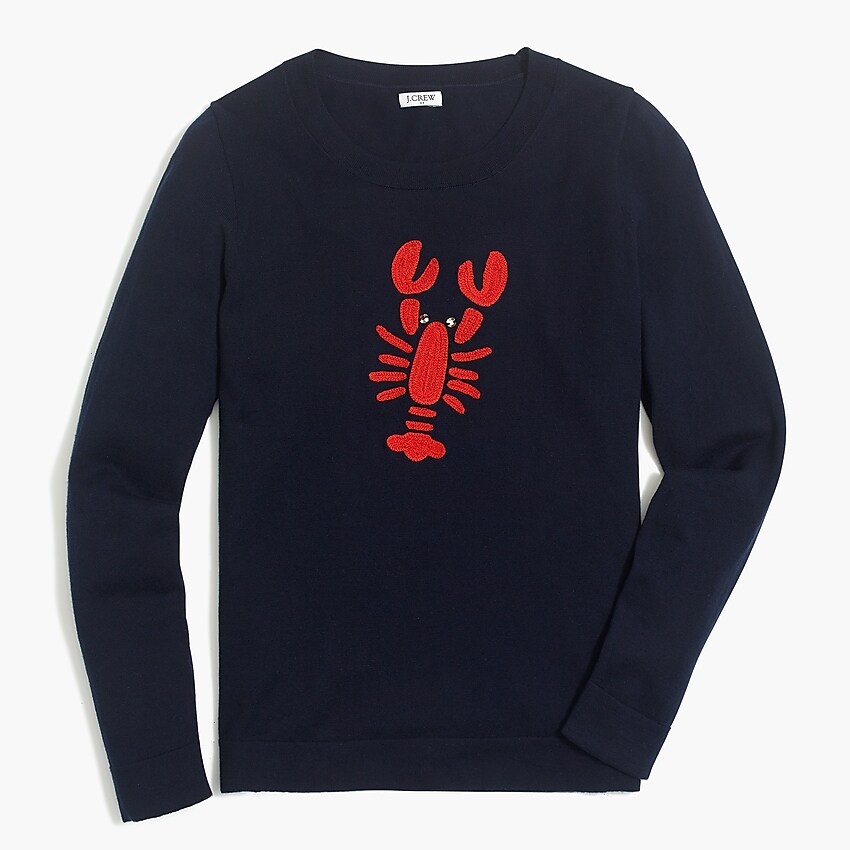 factory: embroidered lobster teddie sweater for women, right side, view zoomed