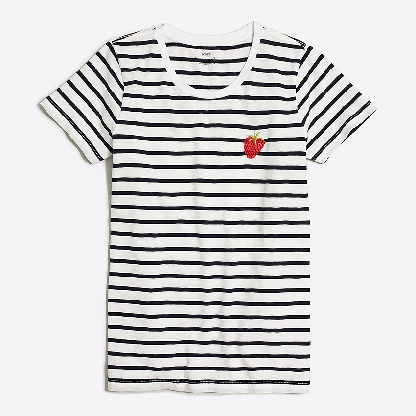 factory: strawberry striped collector tee for women, right side, view zoomed