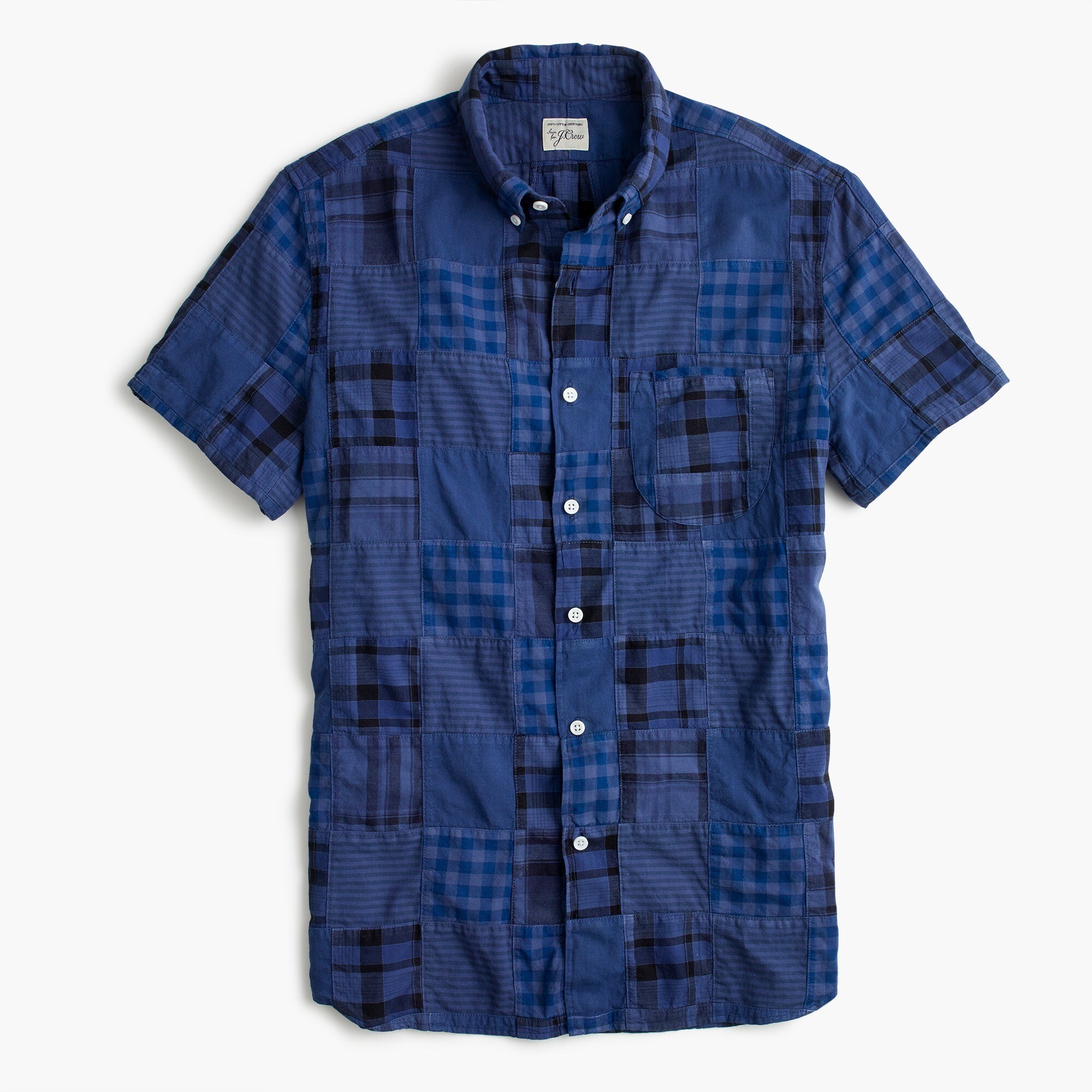 Short-sleeve Indian madras shirt in blue patchwork
